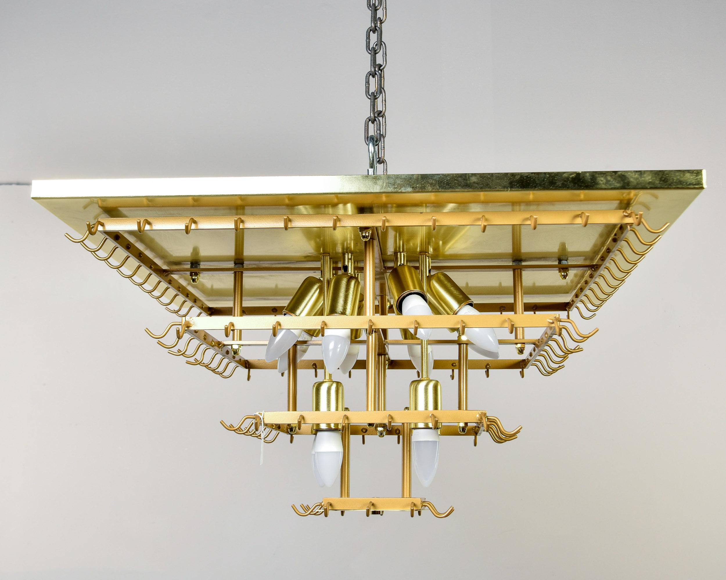 New Italian Four Tier Green Glass and Brass 12 Light Fixture For Sale 5