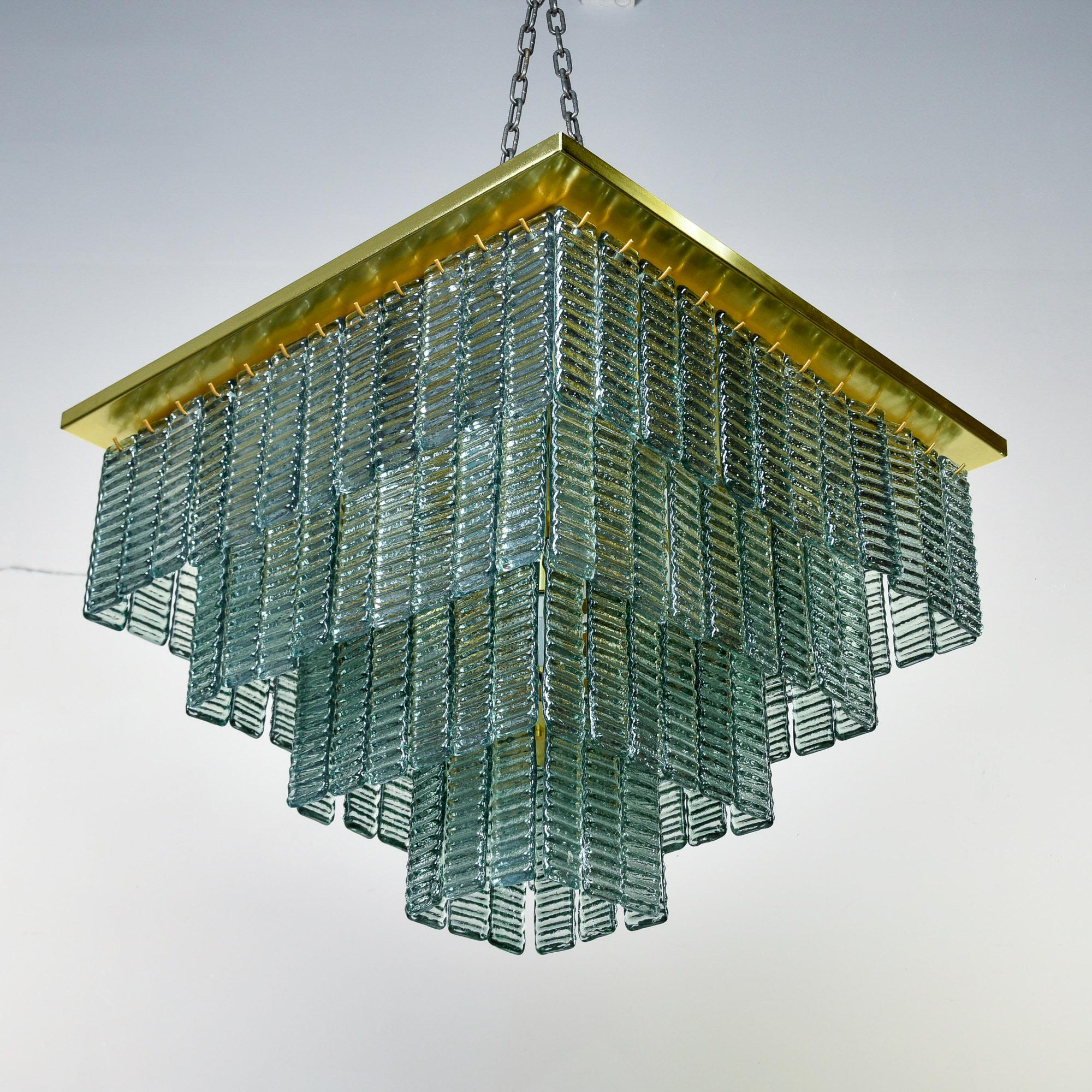 New Italian Four Tier Green Glass and Brass 12 Light Fixture For Sale 7