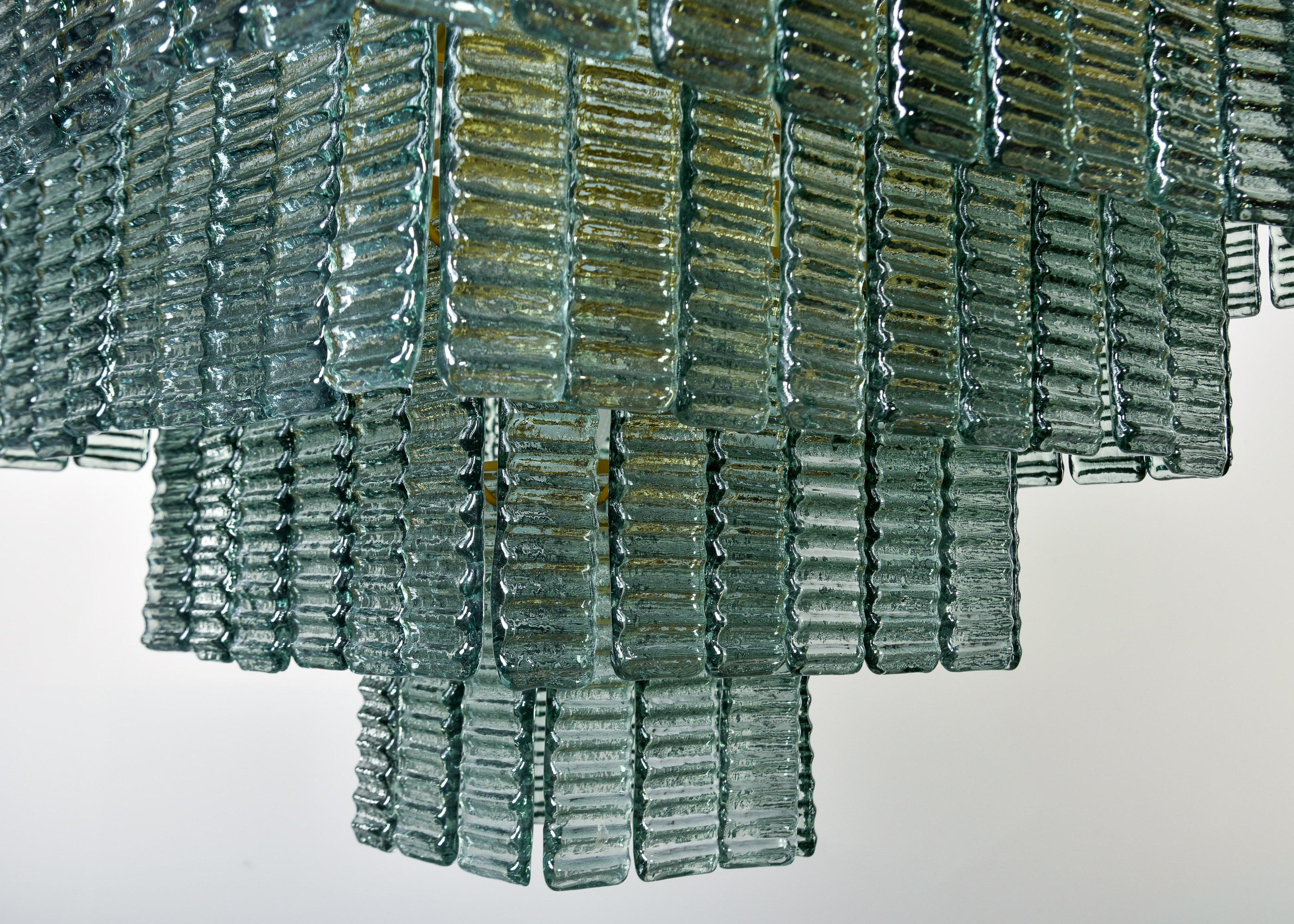 Mid-Century Modern New Italian Four Tier Green Glass and Brass 12 Light Fixture For Sale