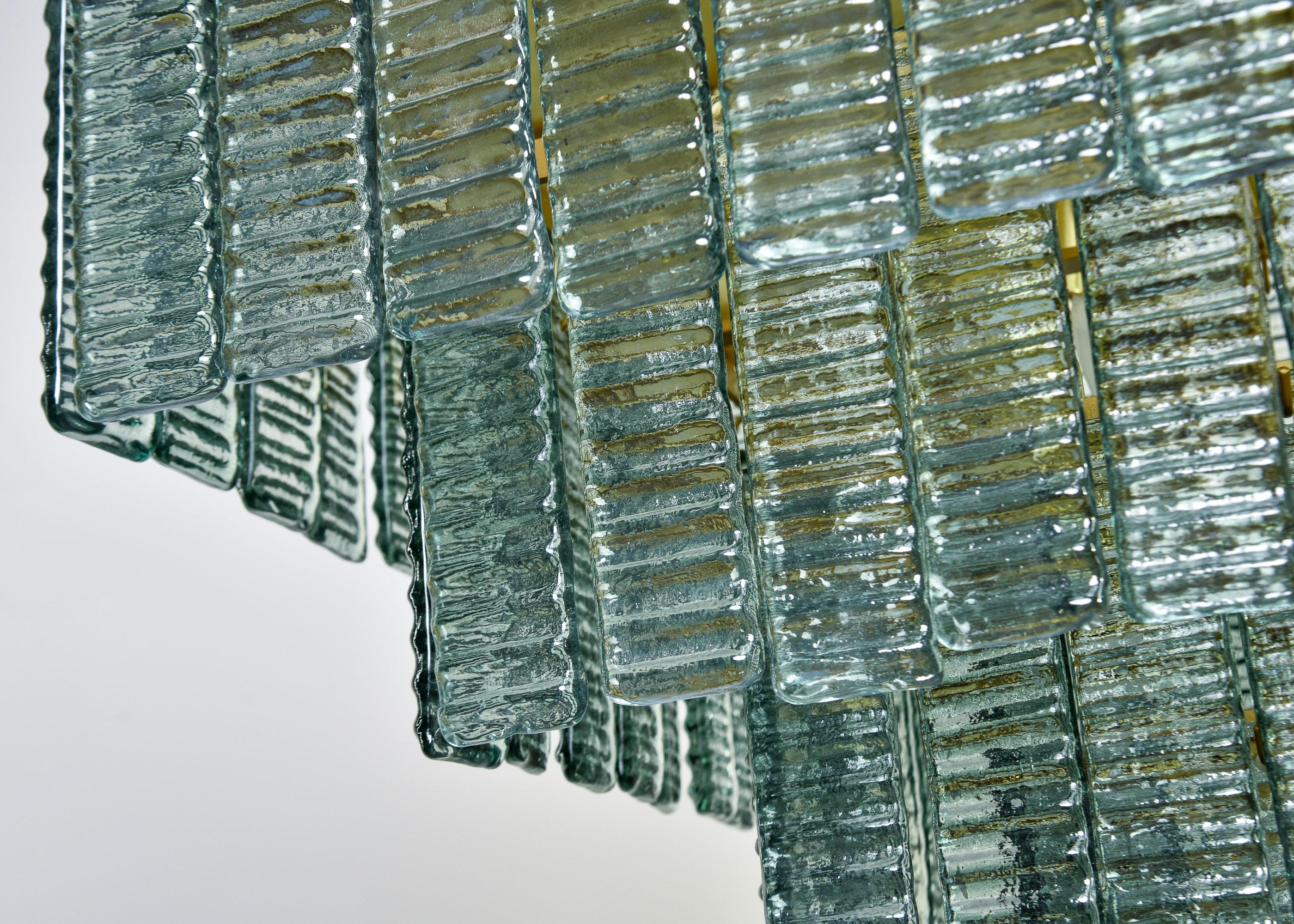 New Italian Four Tier Green Glass and Brass 12 Light Fixture For Sale 2