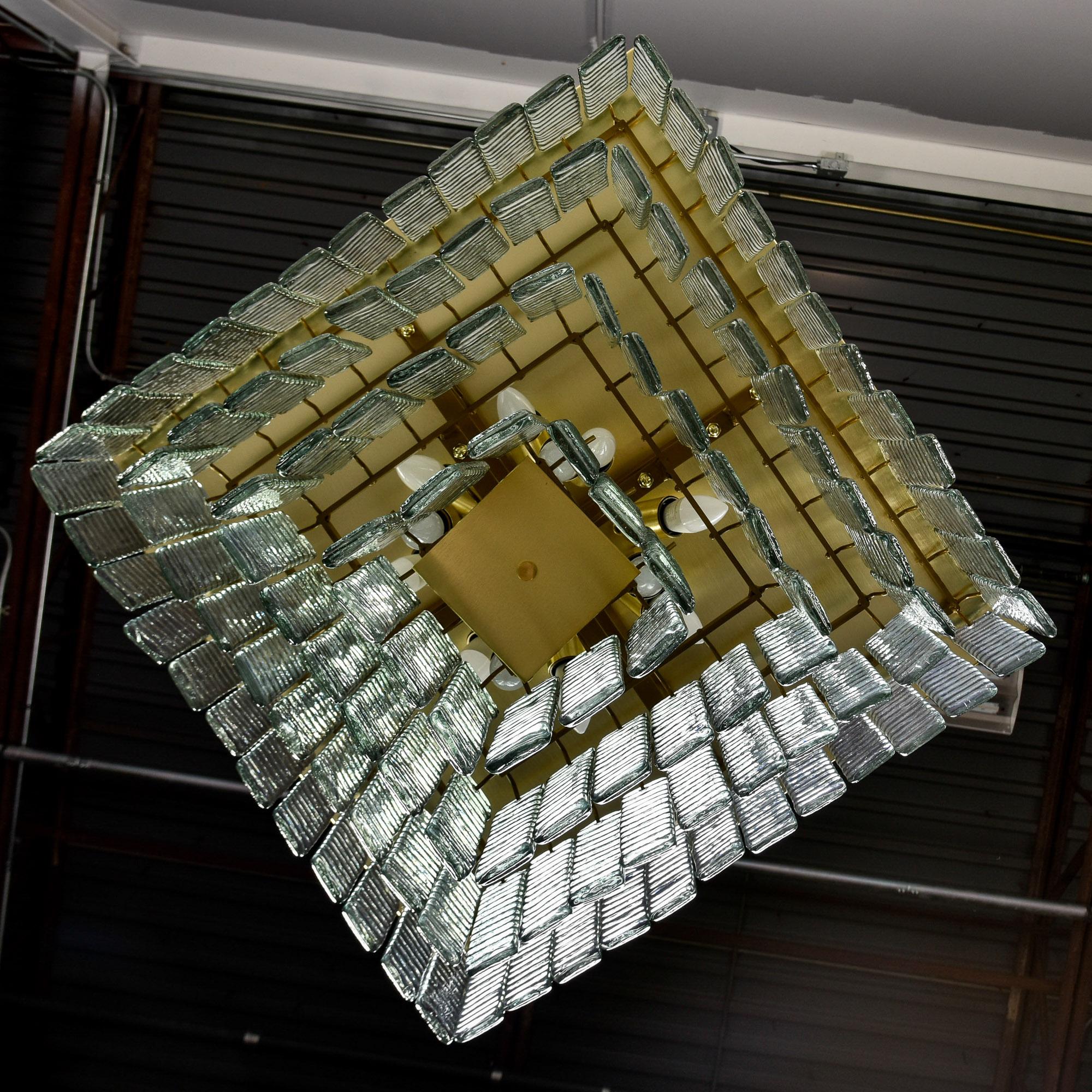 New Italian Four Tier Green Glass and Brass 12 Light Fixture For Sale 3