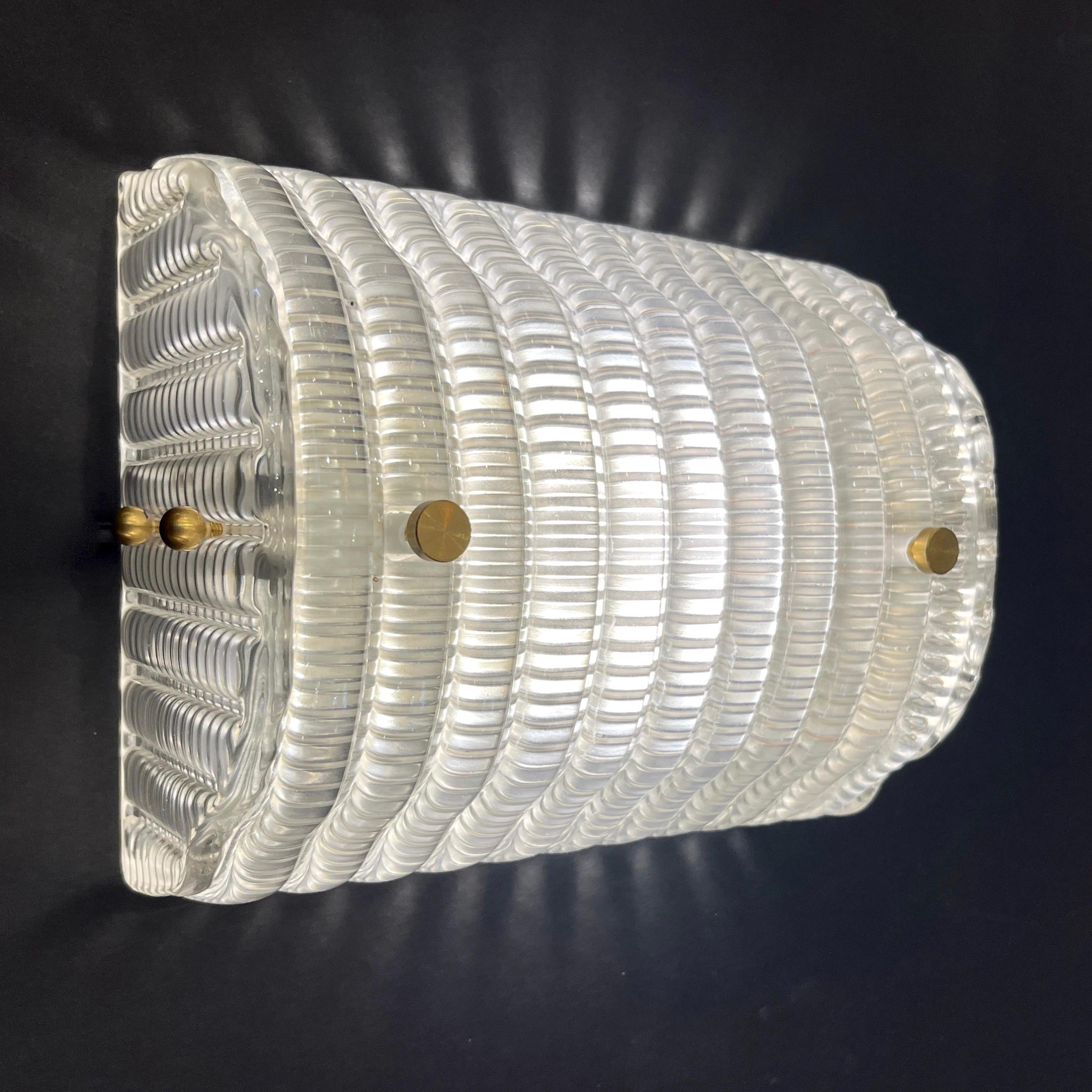 Mid-Century Modern New Italian Organic Modern Crystal Molded Pattern Murano Glass Brass Wall Lights For Sale