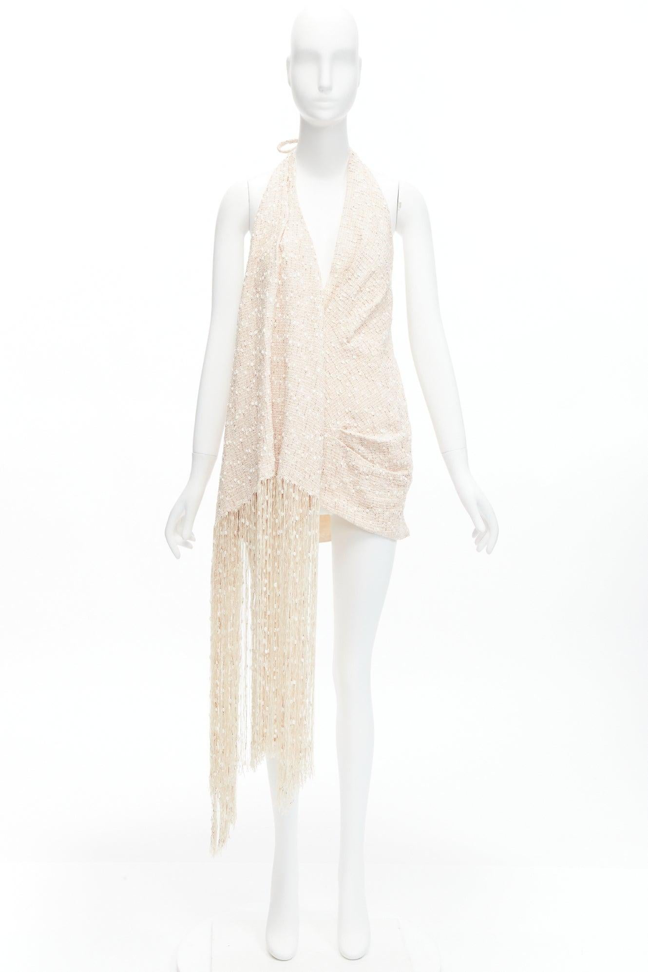 new JACQUEMUS La Riviera Valoria beige fringed tweed halter mini dress FR38 M 7
