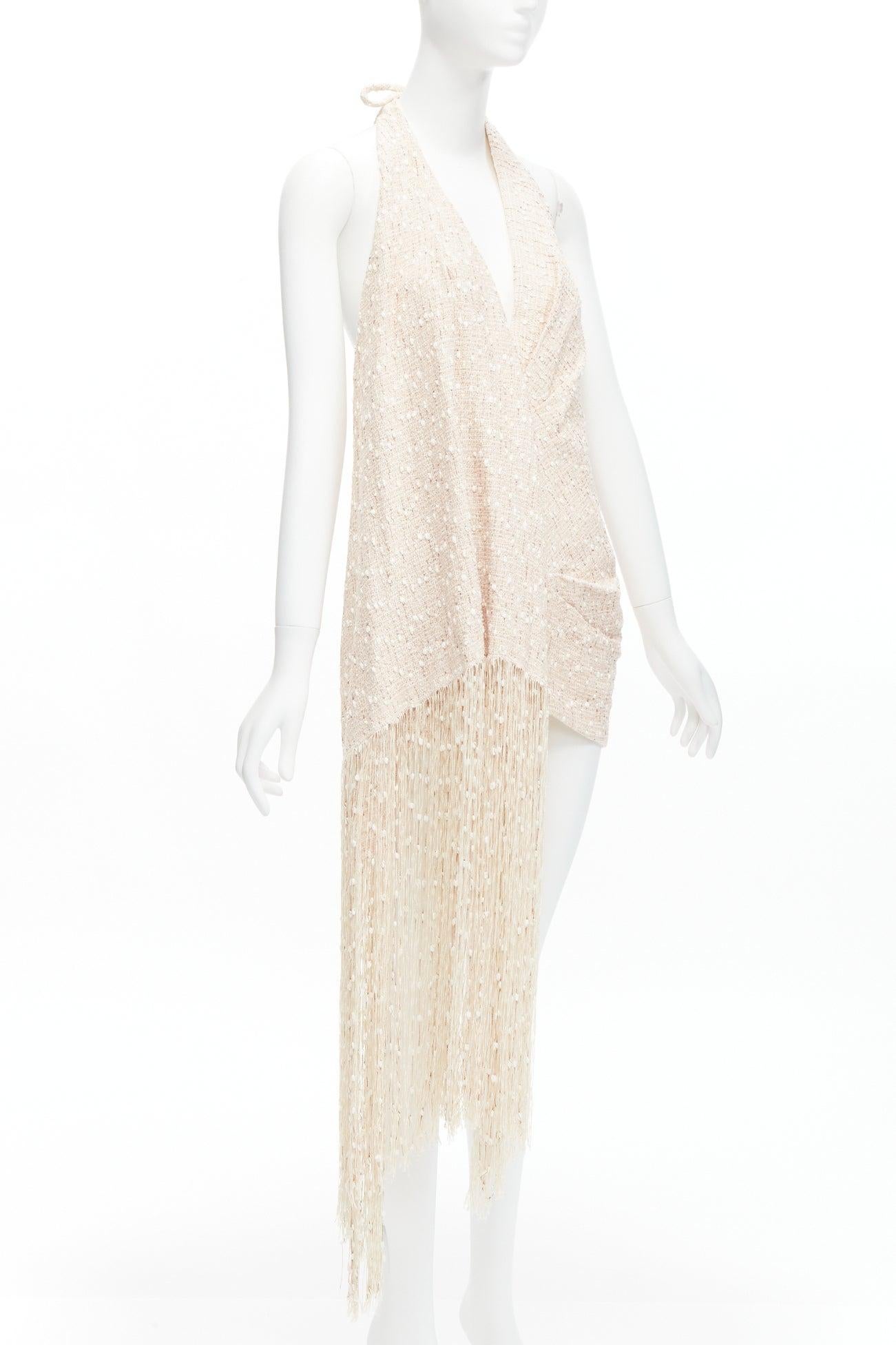 new JACQUEMUS La Riviera Valoria beige fringed tweed halter mini dress FR38 M In New Condition In Hong Kong, NT