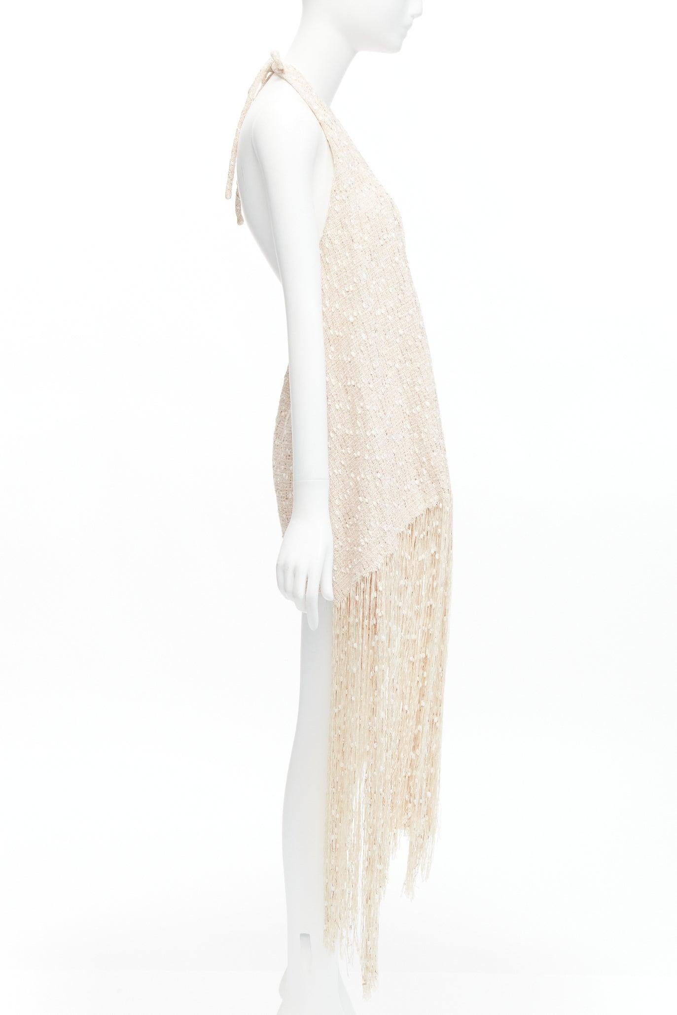 Women's new JACQUEMUS La Riviera Valoria beige fringed tweed halter mini dress FR38 M