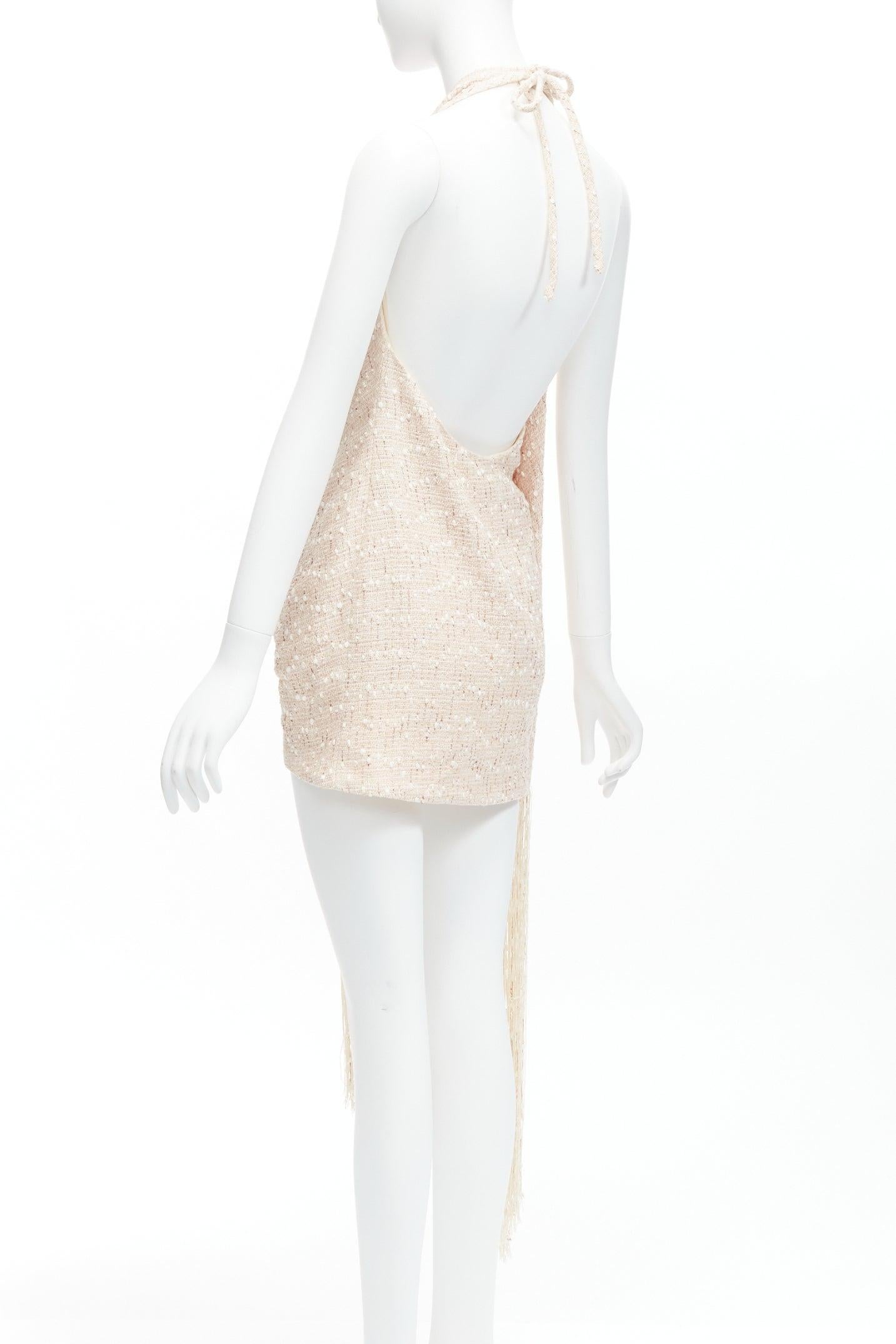new JACQUEMUS La Riviera Valoria beige fringed tweed halter mini dress FR38 M 2