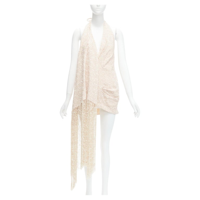 new JACQUEMUS La Riviera Valoria beige fringed tweed halter mini dress FR38  M at 1stDibs