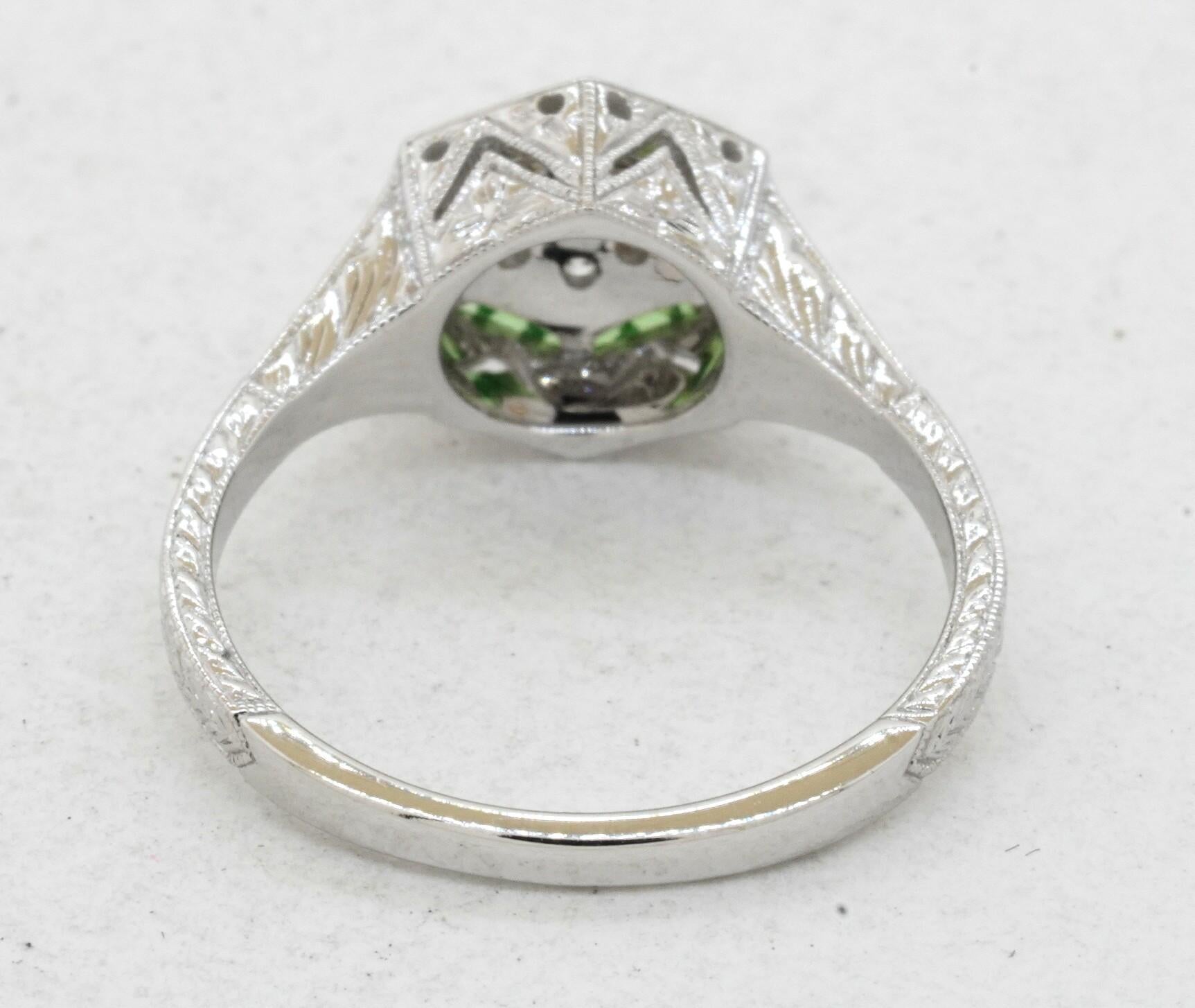 Contemporary New JBC 14k White Gold 0.38ct Diamond and Tsavorite Cluster Filigree Ring For Sale