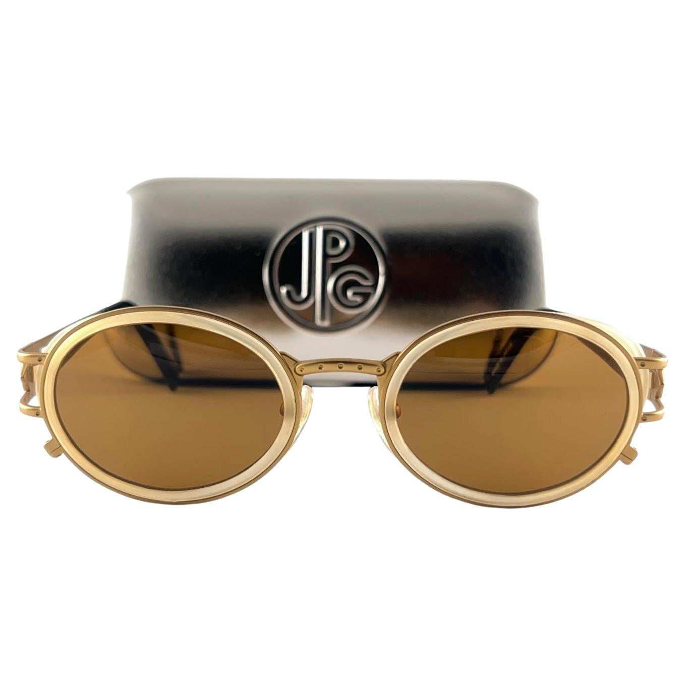 New Jean Paul Gaultier Metallic Gold 58 6202 Oval Sunglasses 90'S Made In Japan For Sale