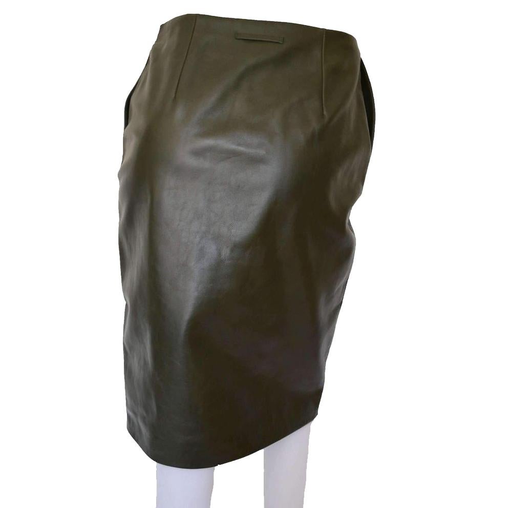 Black New Jean Paul Gaultier Olive Green Leather Skirt with Front Zipper IT40 US2-4 For Sale