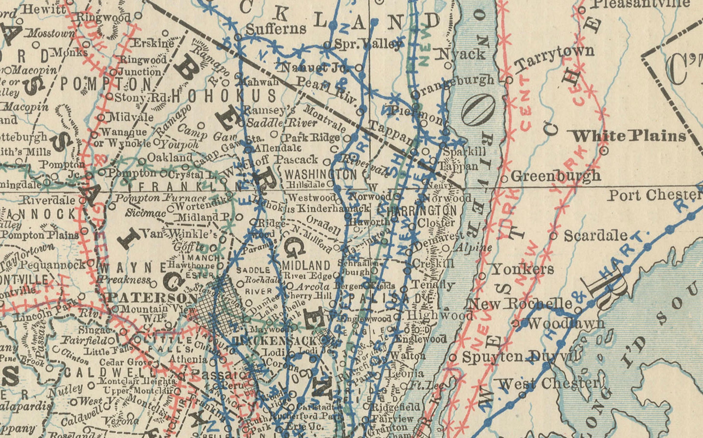 Mapa Antiguo de Nueva Jersey - El Estado Jardín, Ferrocarriles y Condados,  c.1888 Grabado en venta