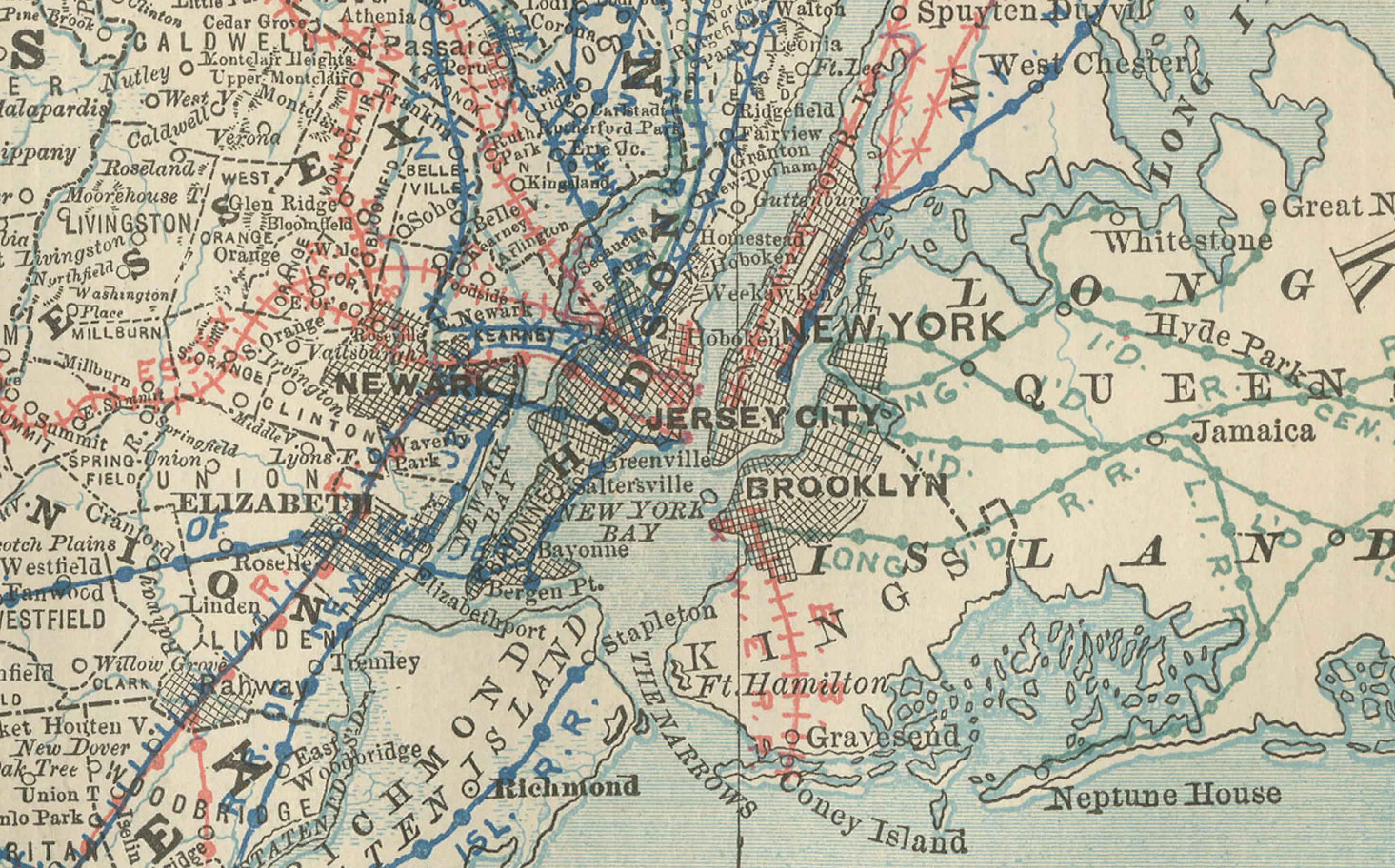 Mapa Antiguo de Nueva Jersey - El Estado Jardín, Ferrocarriles y Condados,  c.1888 en Bueno estado para la venta en Langweer, NL