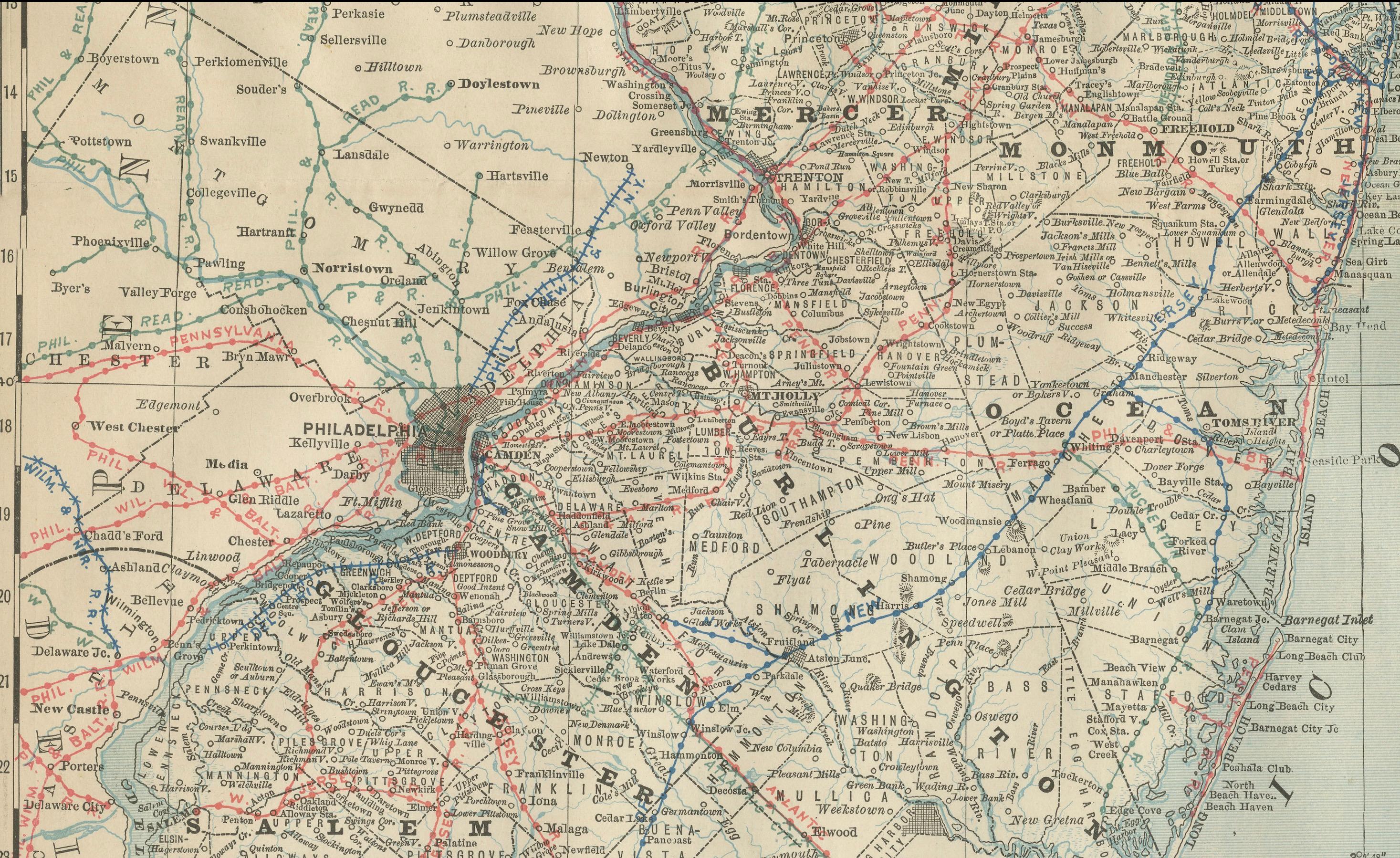 Mapa Antiguo de Nueva Jersey - El Estado Jardín, Ferrocarriles y Condados,  c.1888 siglo XIX en venta