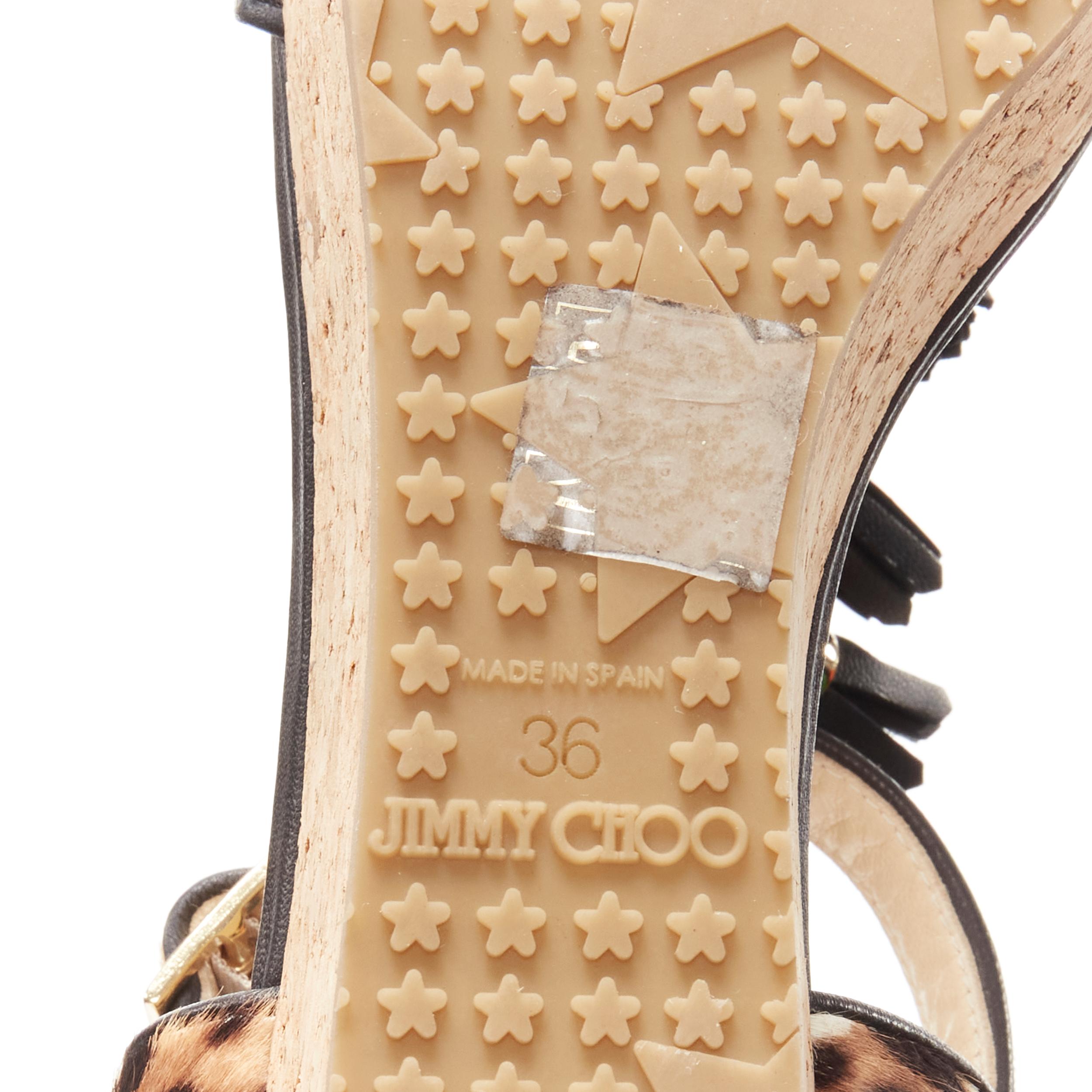 new JIMMY CHOO 141nerine leopard leather black tassel cork platform sandals EU36 For Sale 6