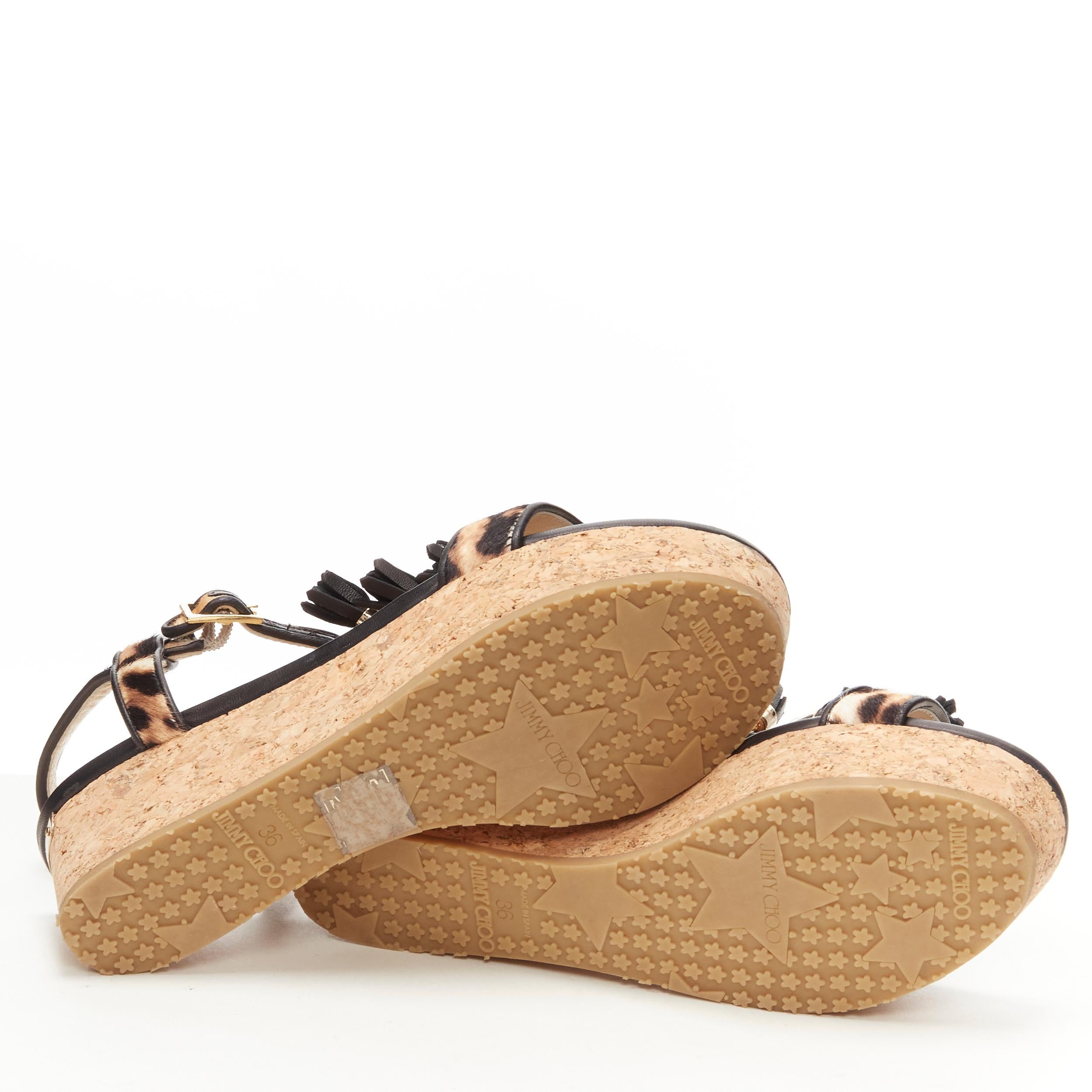 new JIMMY CHOO 141nerine leopard leather black tassel cork platform sandals EU36 For Sale 7