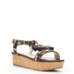 new JIMMY CHOO 141nerine leopard leather black tassel cork platform sandals EU36