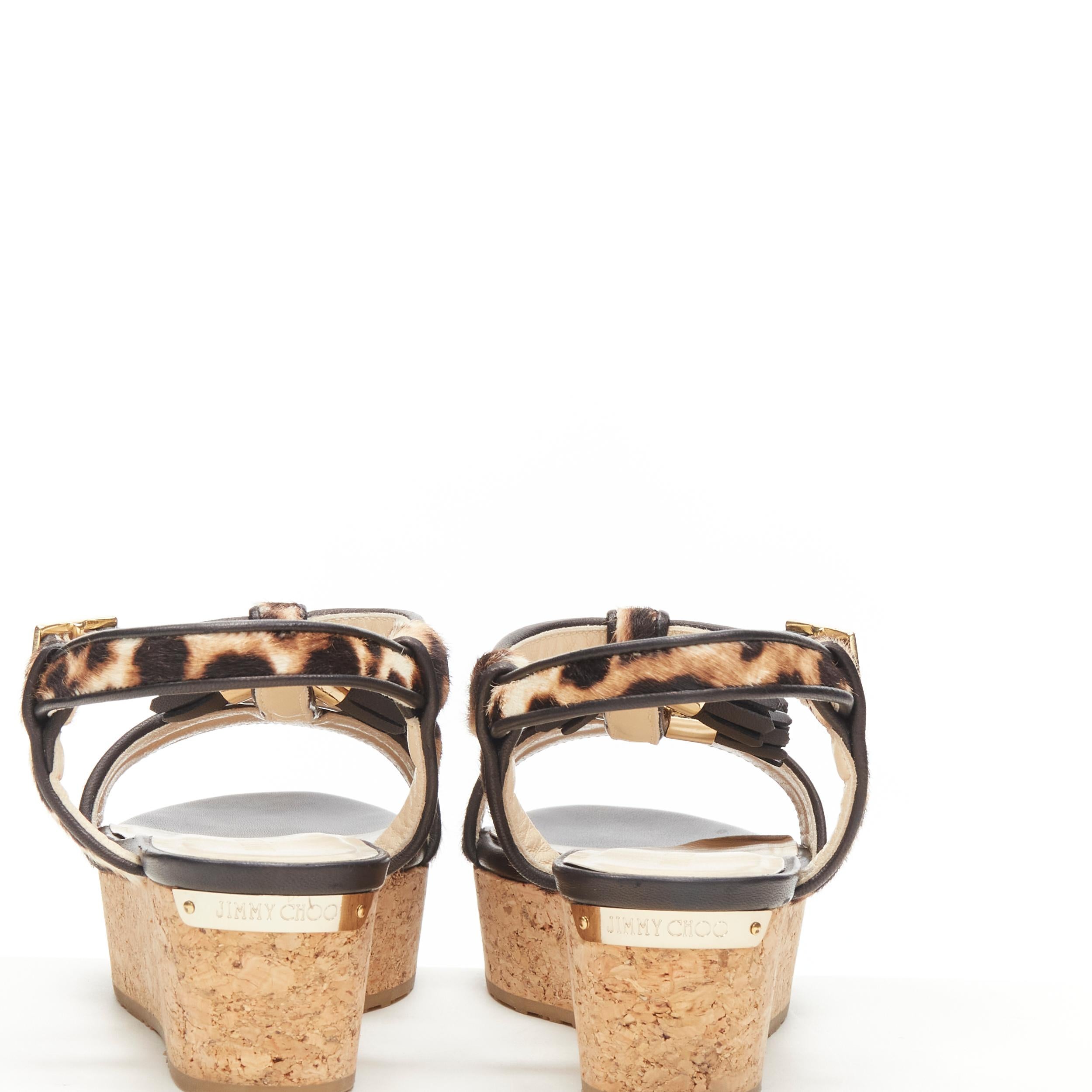 Women's new JIMMY CHOO 141nerine leopard leather black tassel cork platform sandals EU36 For Sale