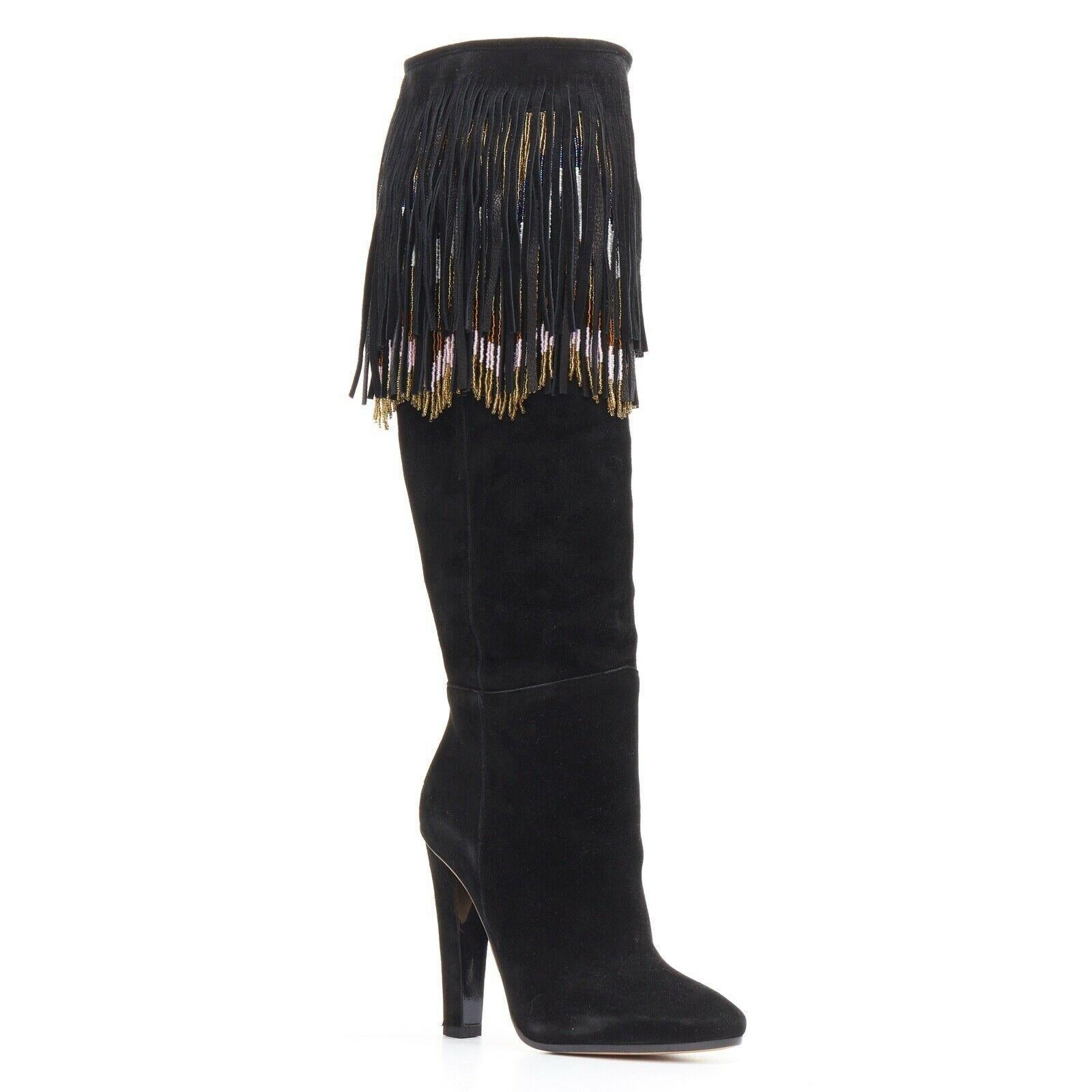 new JIMMY CHOO Bill black suede leather bohemian beaded fringe tall boots EU35.5
Designer: Jimmy Choo
Material: Leather
Color: Black
Extra Details: Bill boots. Black suede leather upper. Tonal stitching. Almond round toe. Angular high heel.