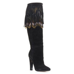 new JIMMY CHOO Bill black suede leather bohemian beaded fringe tall boots EU36.5