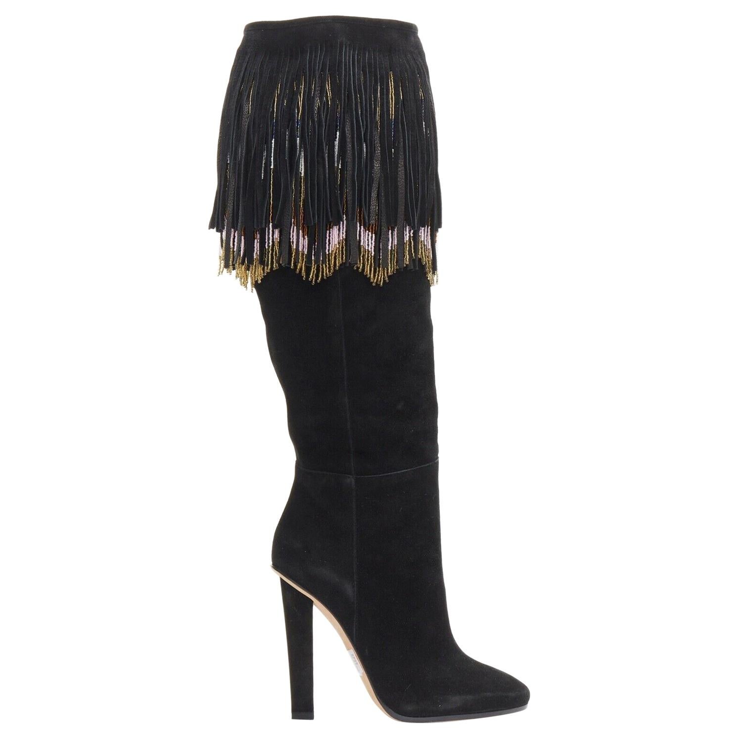 new JIMMY CHOO Bill black suede leather bohemian beaded fringe tall boots EU36.5