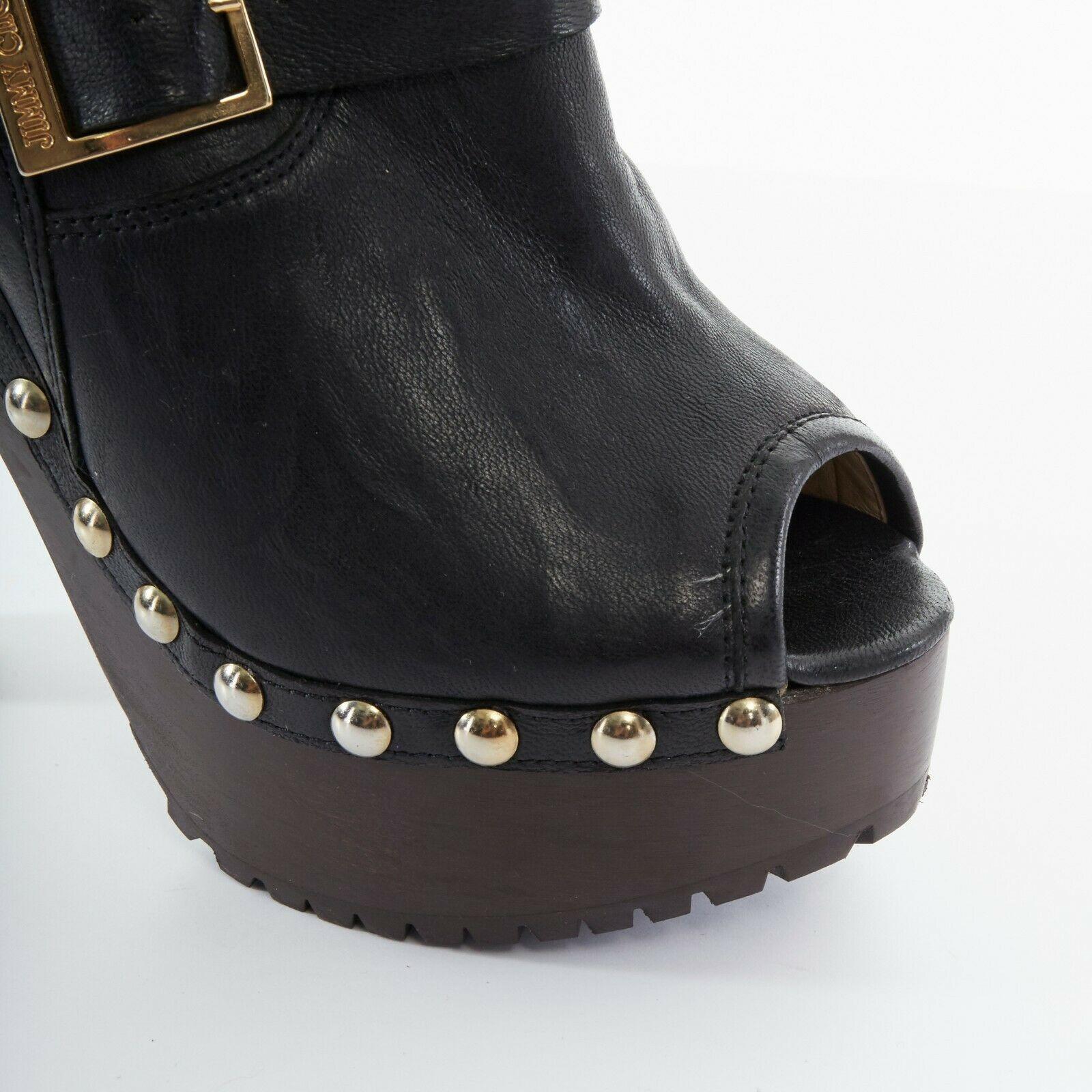 Women's new JIMMY CHOO black leather peep toe wooden platform buckled ankle boots EU39