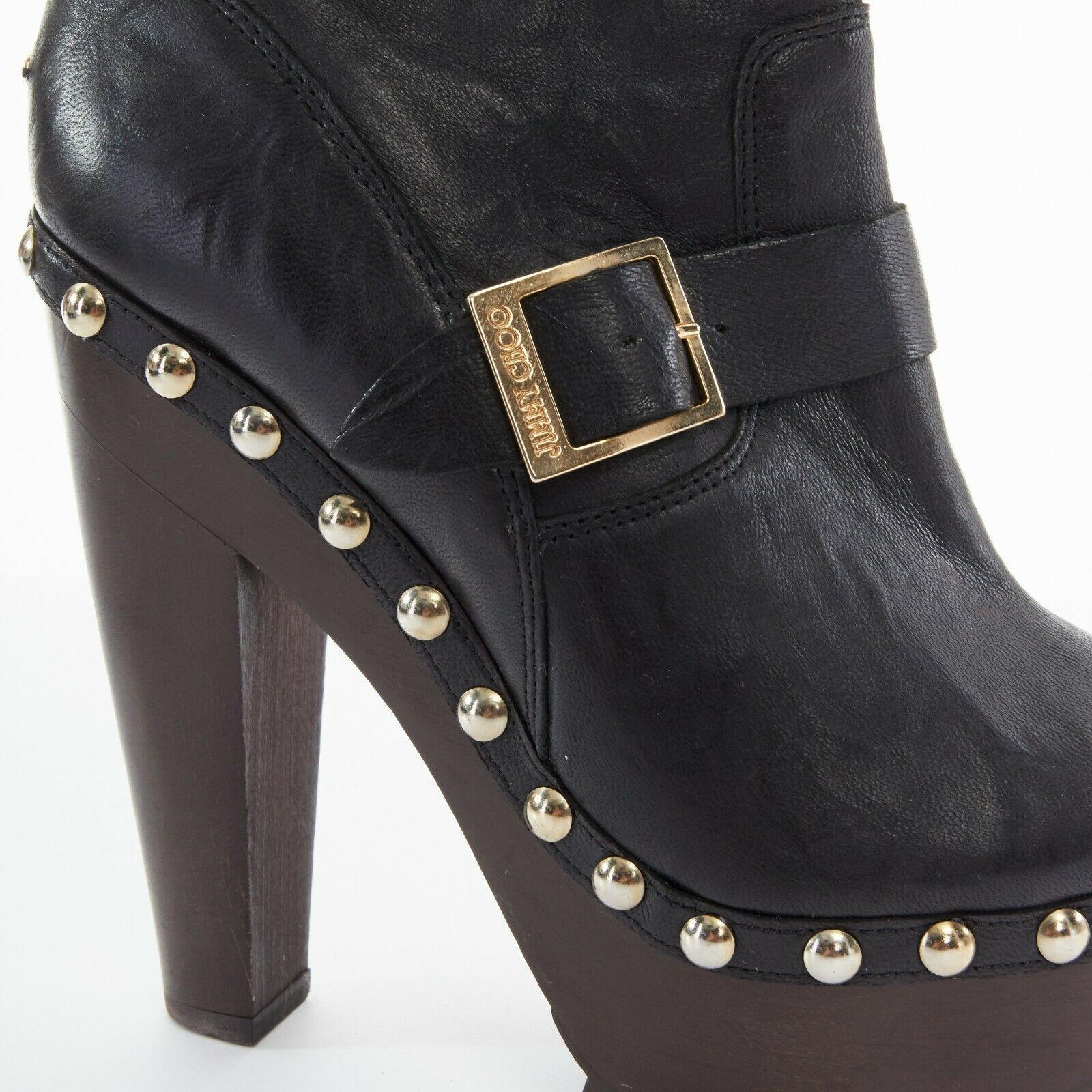 new JIMMY CHOO black leather peep toe wooden platform buckled ankle boots EU39 1