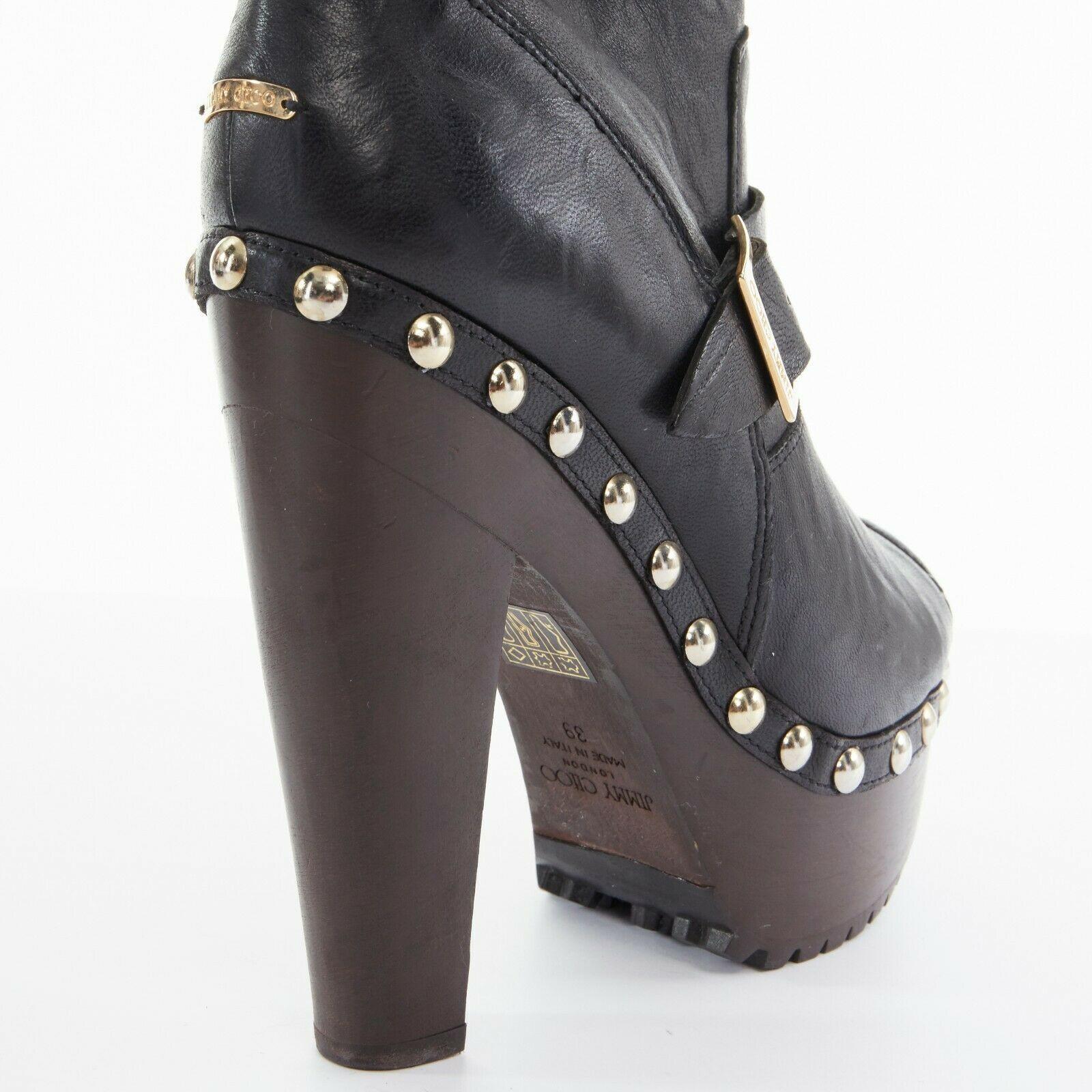 new JIMMY CHOO black leather peep toe wooden platform buckled ankle boots EU39 2