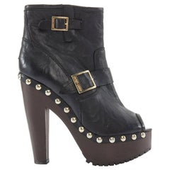 neu JIMMY CHOO schwarzes Leder Peep Toe Holz Plateau geschnallt Knöchel Stiefel EU39