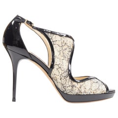 new JIMMY CHOO black patent floral lace nesh cut out platform sandals EU38