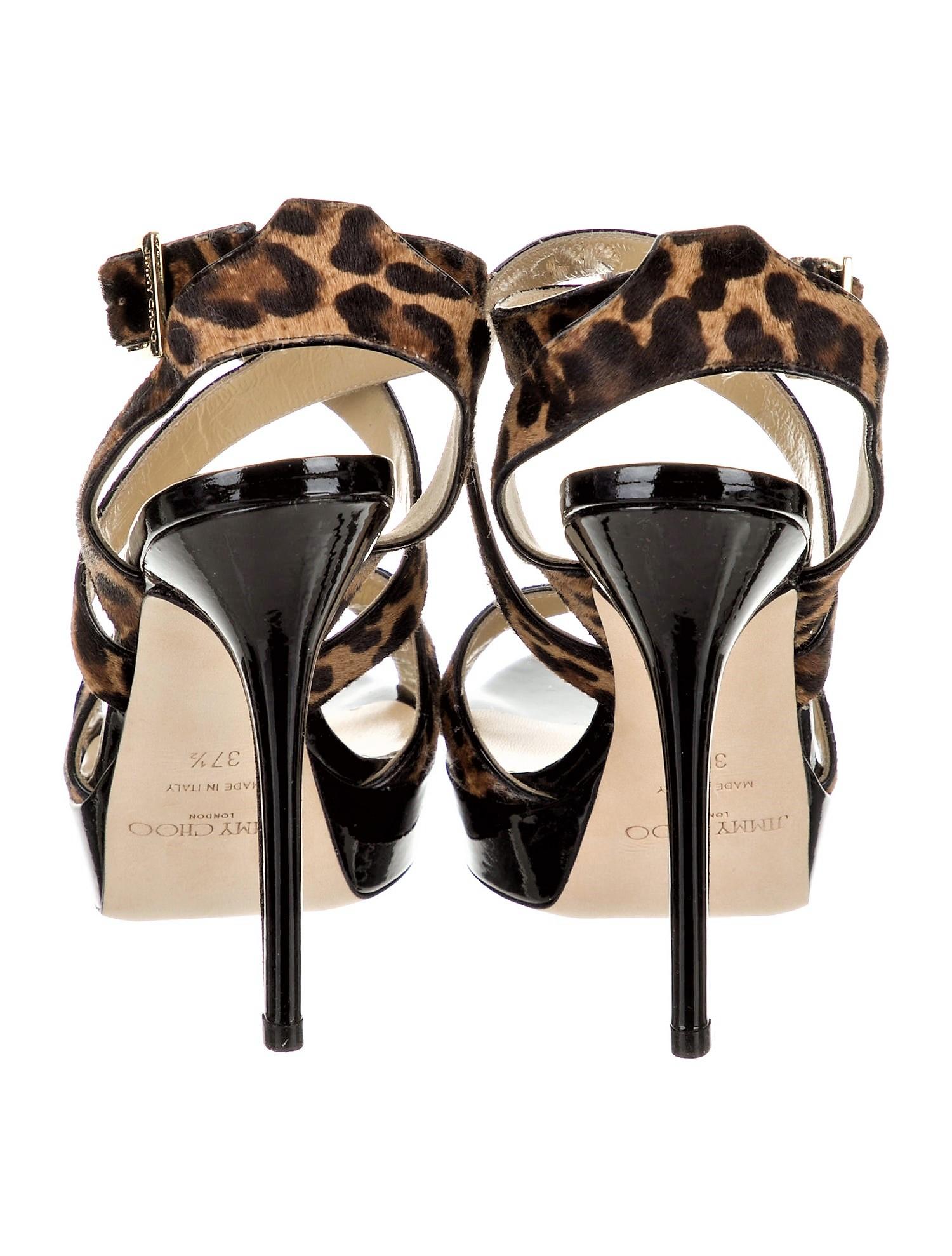 New Jimmy Choo Calf Hair Leopard and Patent Leather Heels Pumps Sz 37.5