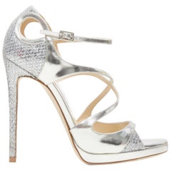 new JIMMY CHOO Fancie 120 silver strappy glitter bridal platform sandals EU37