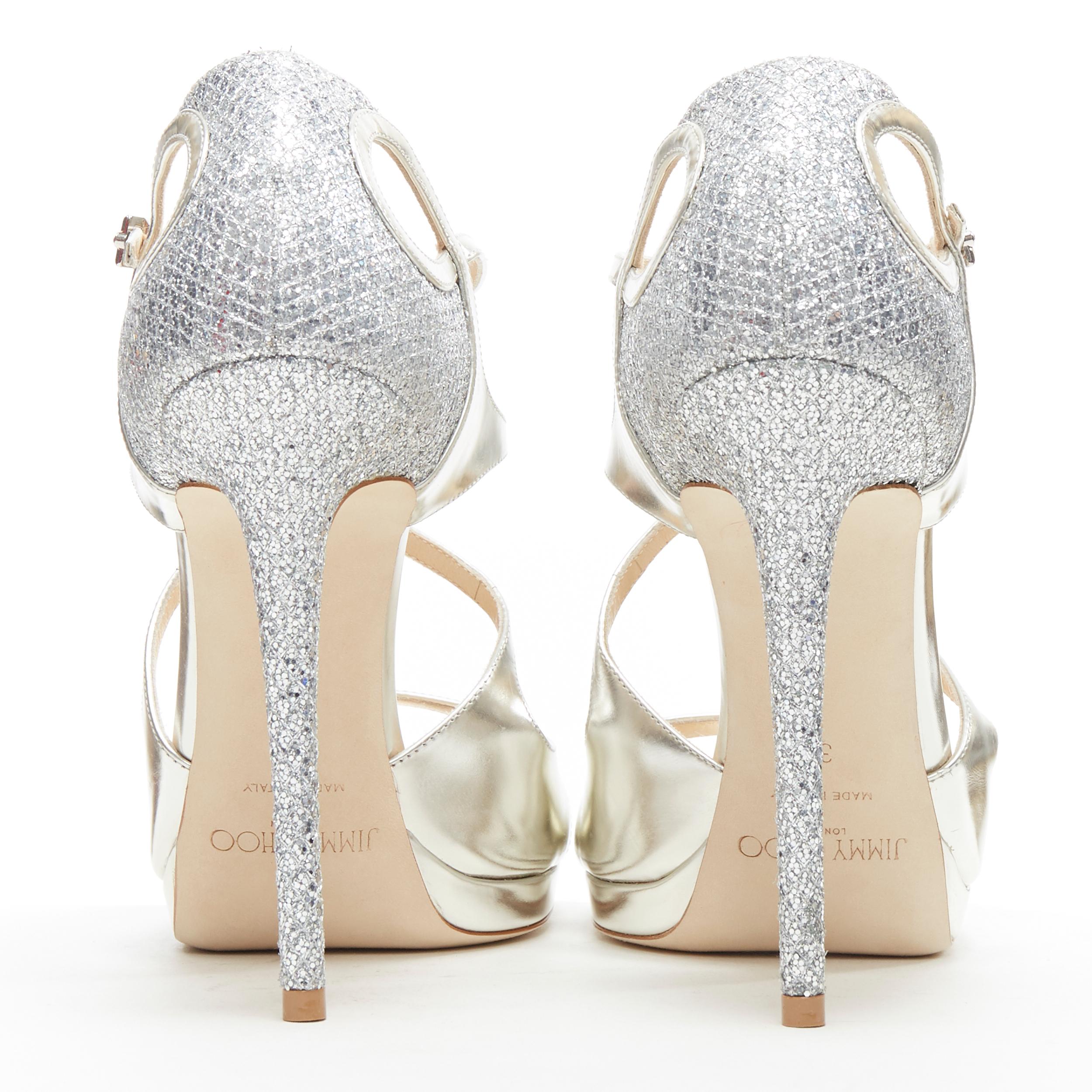 new JIMMY CHOO Fancie 120 silver strappy glitter bridal platform sandals EU38 In New Condition In Hong Kong, NT