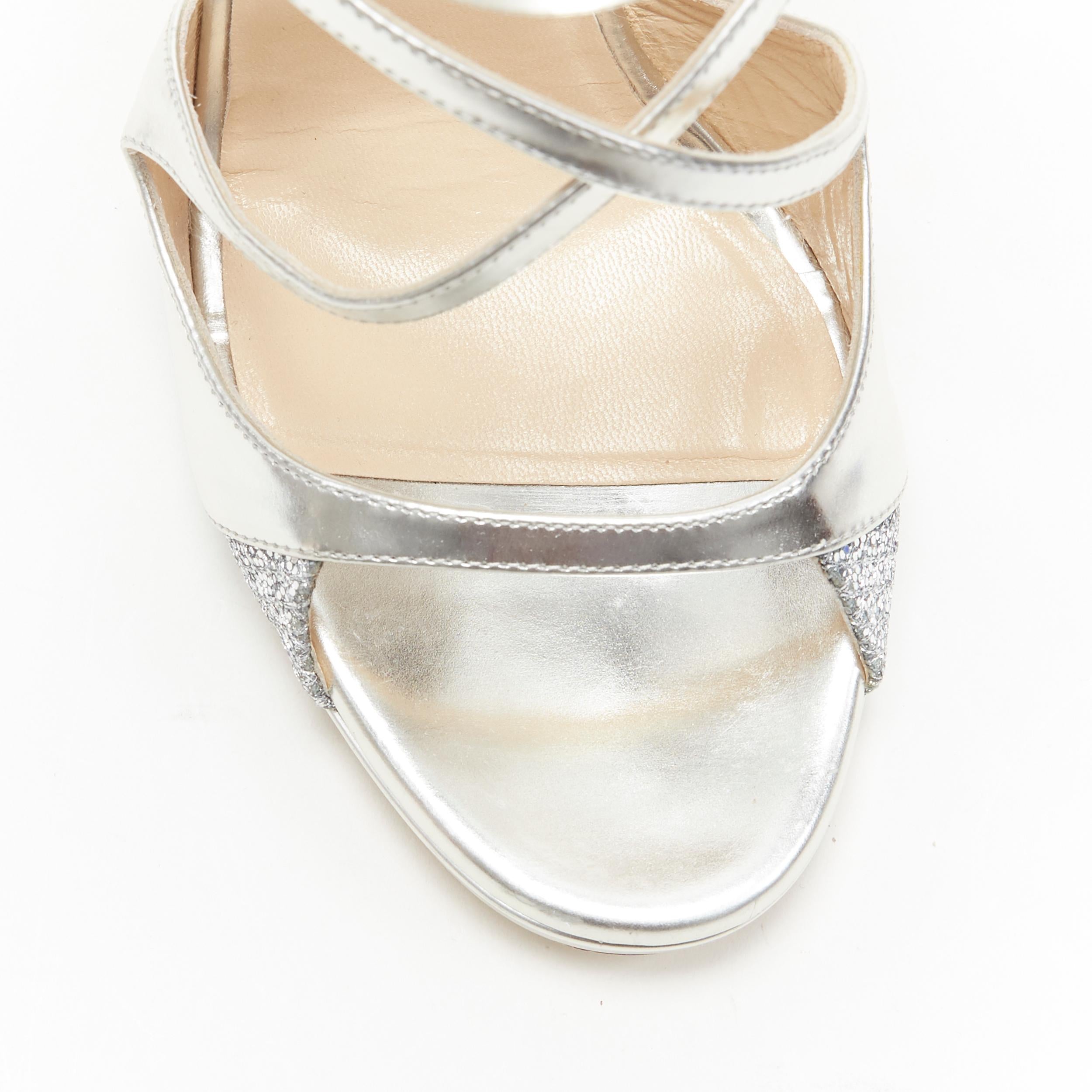 new JIMMY CHOO Fancie 120 silver strappy glitter bridal platform sandals EU38 1