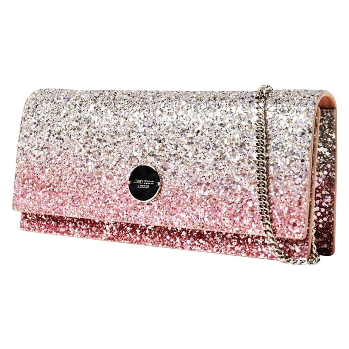 Neu Jimmy Choo *Fie* Platin und Flamingo Eis Glitter Degrade Clutch Kleine Tasche