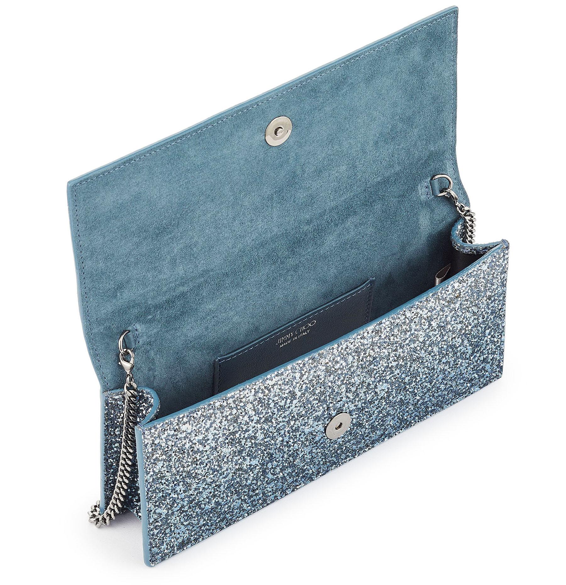 New Jimmy Choo *Fie* Silver and Dusk Blue Glitter Degrade Clutch Small Bag In New Condition In Montgomery, TX