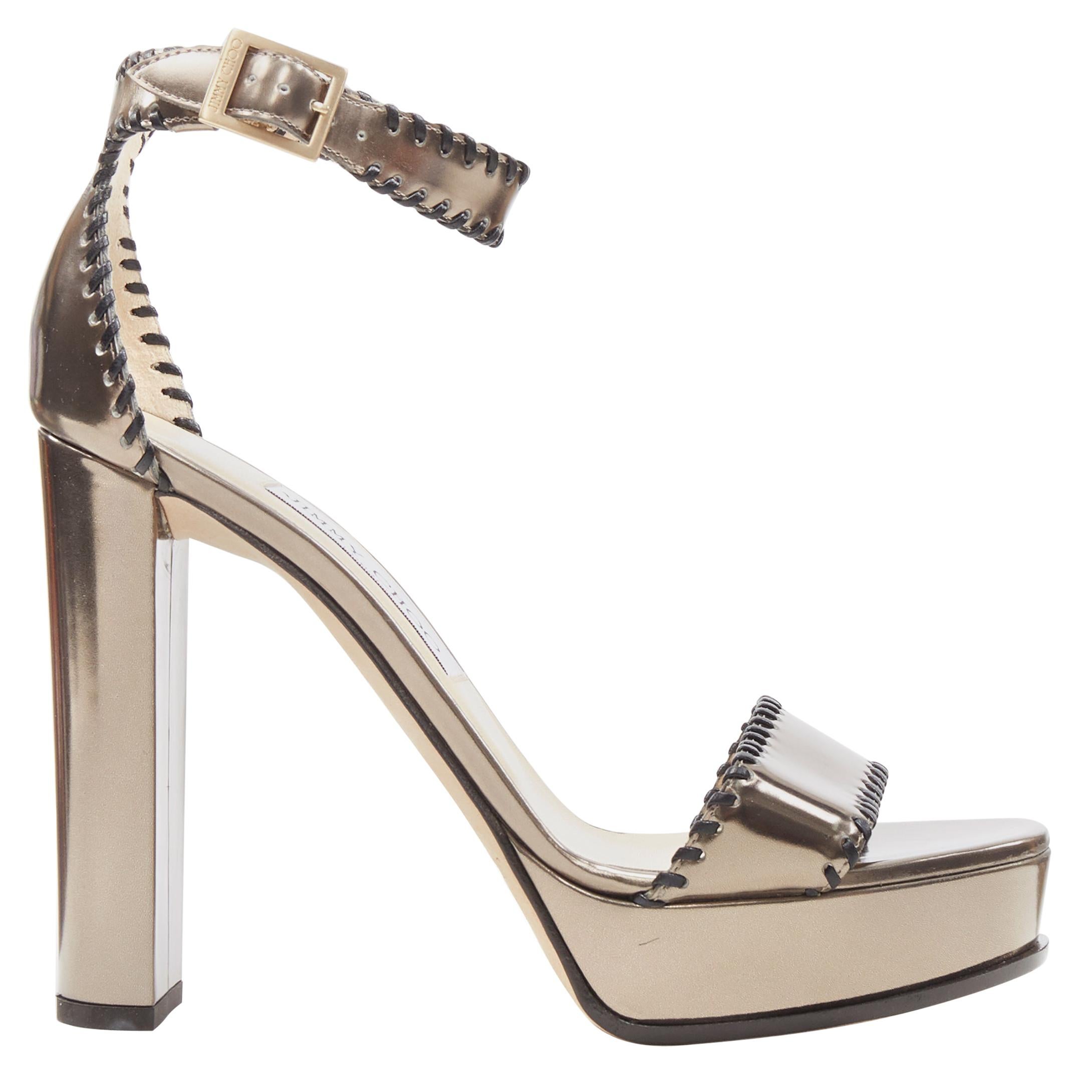 new JIMMY CHOO Holly 120 Pyrite metallic gold topstitch strappy platform EU36.5