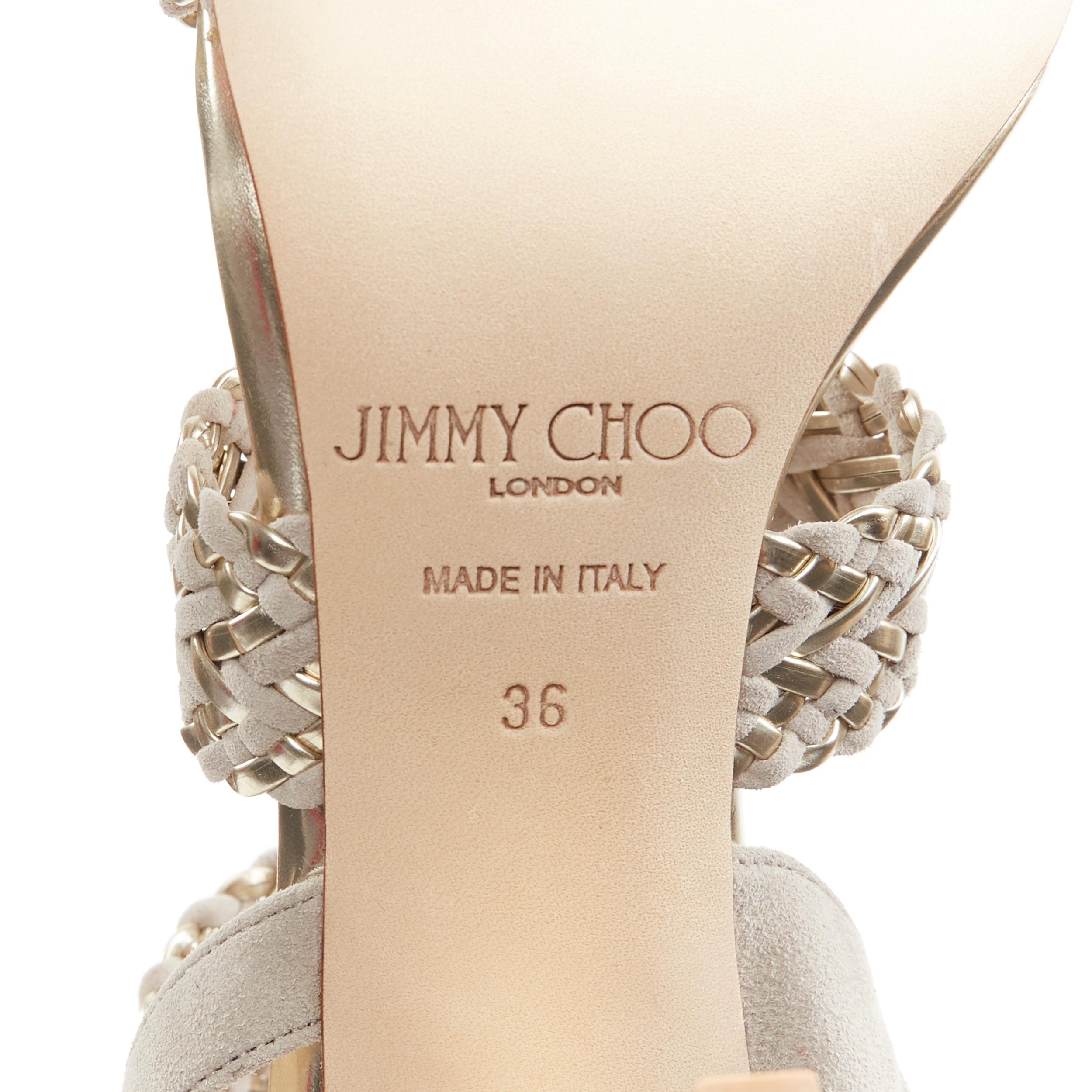 new JIMMY CHOO Lima 100 champagne gold grey suede woven gladiator sandal EU36 3