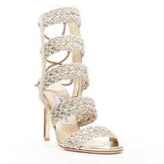new JIMMY CHOO Lima 100 champagne gold grey suede woven gladiator sandal EU36