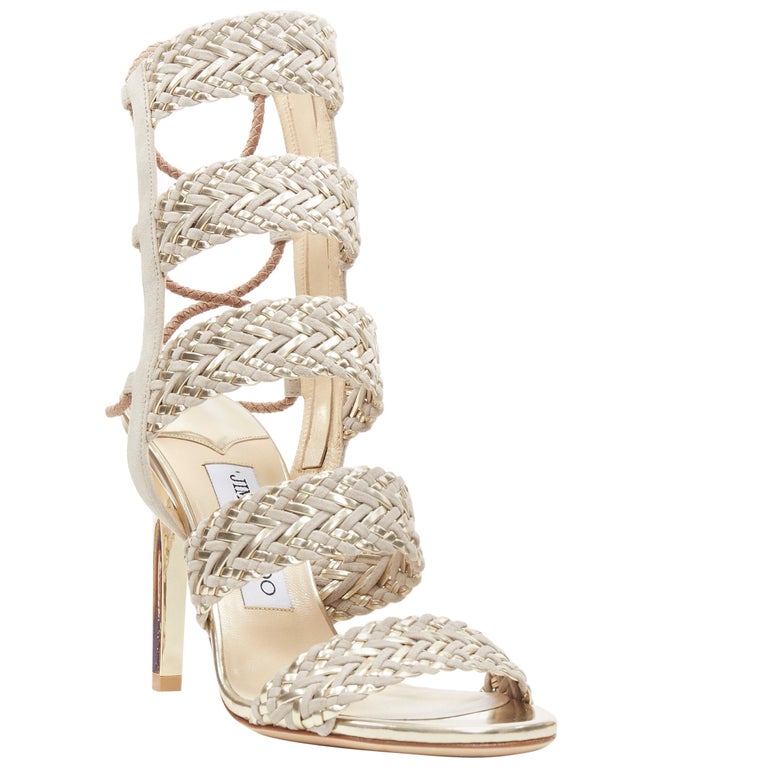 new JIMMY CHOO Lima 100 light gold grey suede braided strappy heel ...