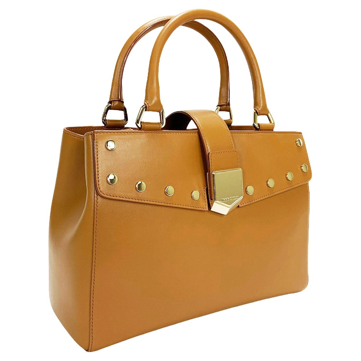 New Jimmy Choo *Lockett* Brown Leather Gold Studded Medium size Top Handle  Bag