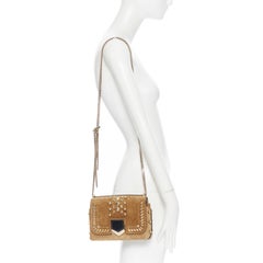 new JIMMY CHOO Lockett Petite tan suede gold studded clasp flap shoulder bag