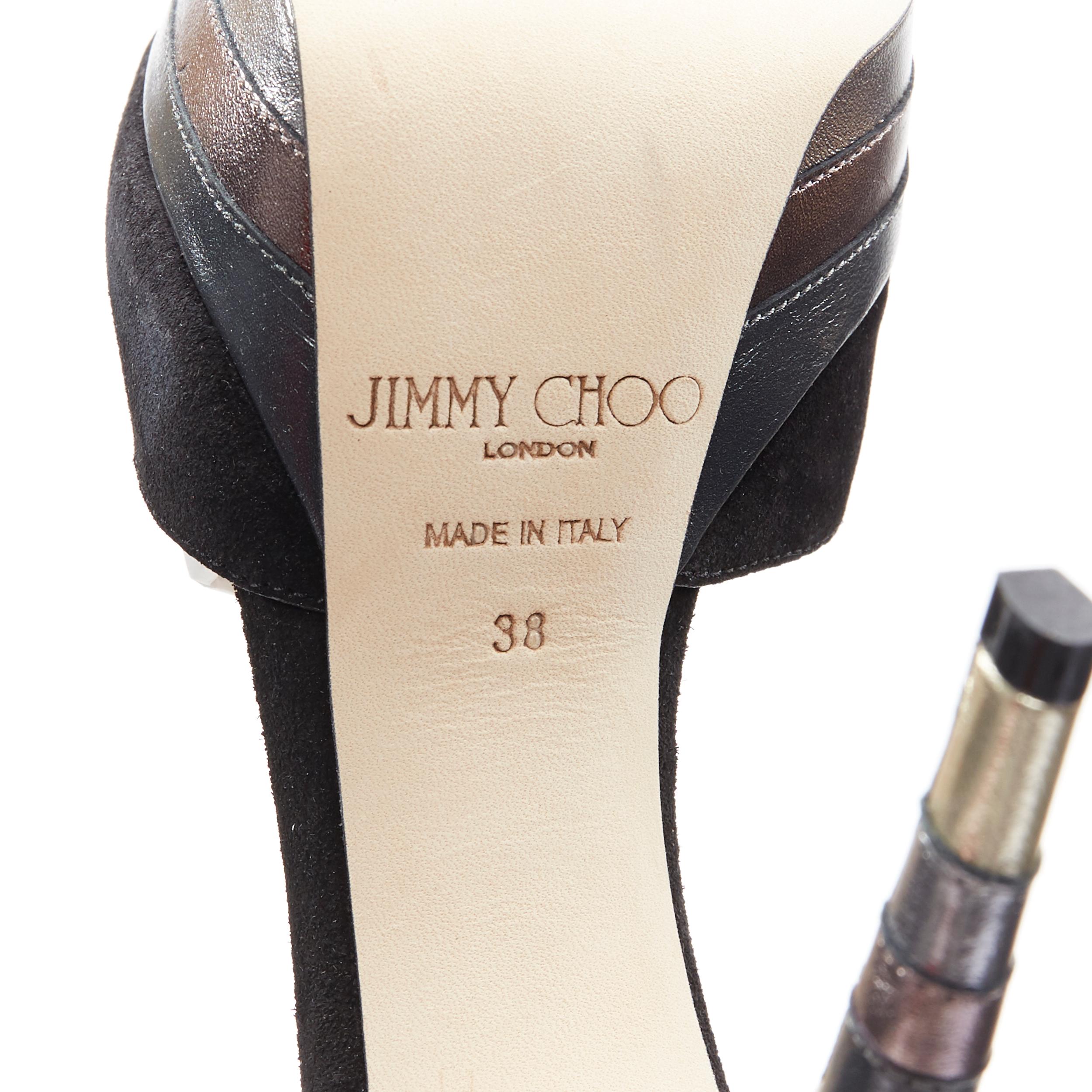 nuovi sandali JIMMY CHOO Max 120 in pelle scamosciata nera con grafica argento a strati EU38 6