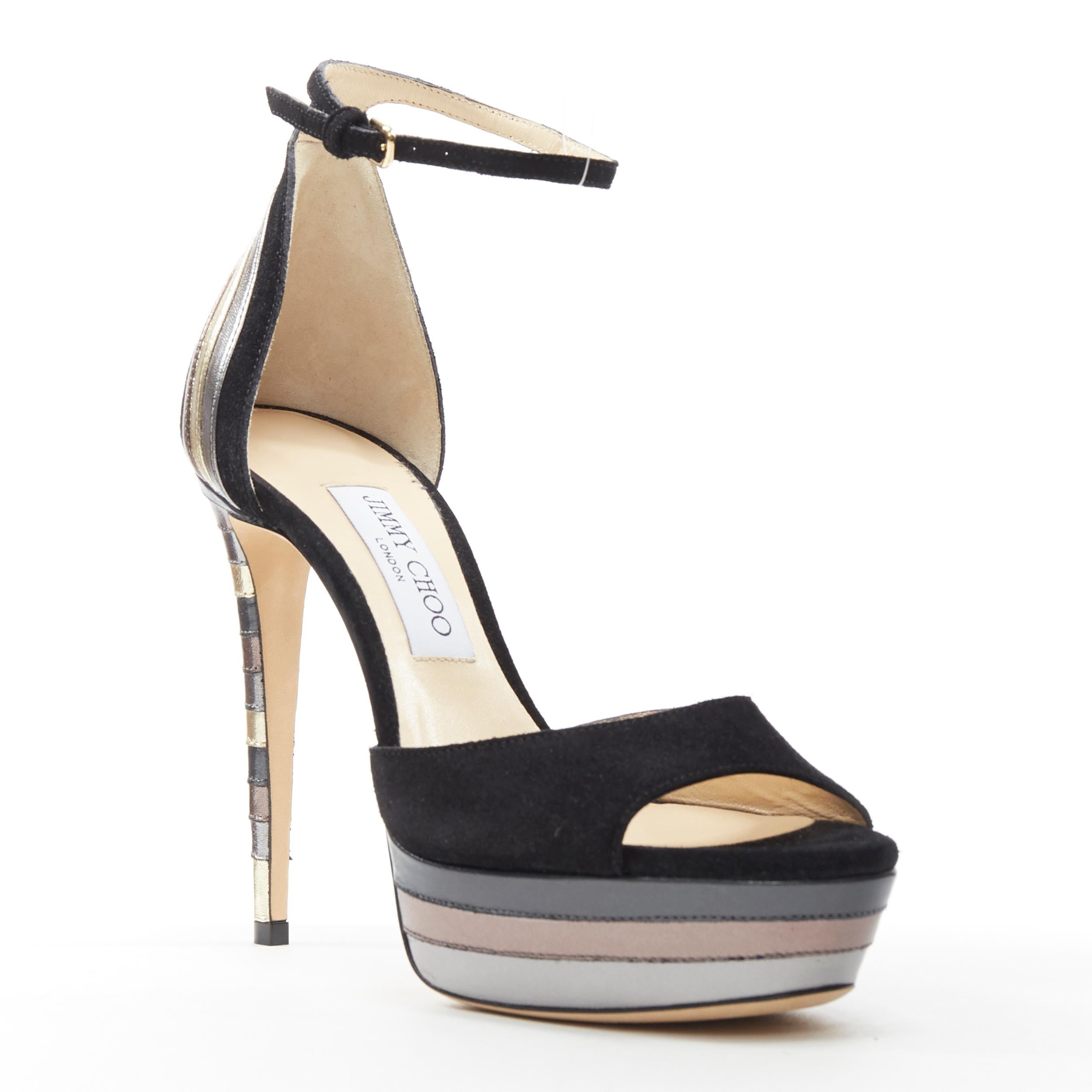 new JIMMY CHOO Max 120 black suede silver graphic layered platform sandals EU38
Brand: Jimmy Choo
Designer: Jimmy Choo
Model Name / Style: Max 120
Material: Suede
Color: Black
Pattern: Striped
Closure: Ankle strap
Extra Detail: Black suede leather