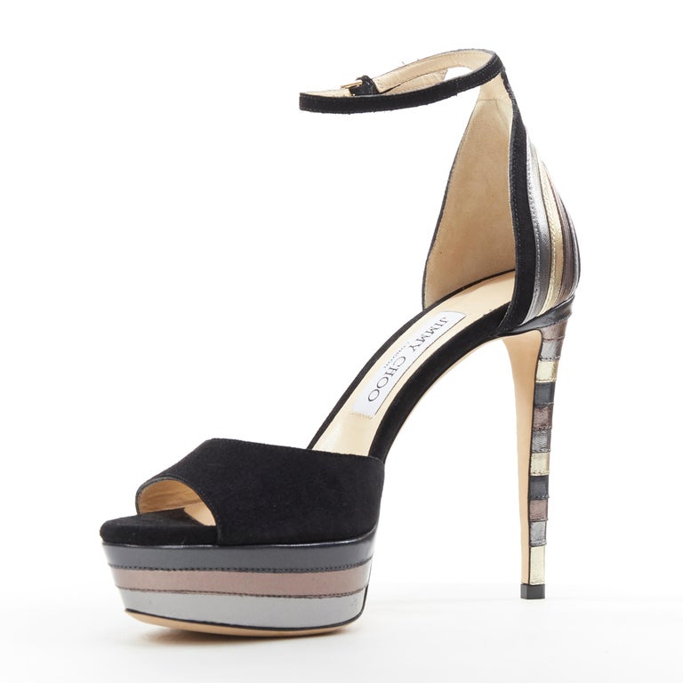 new JIMMY CHOO Max 120 black suede silver graphic layered platform ...