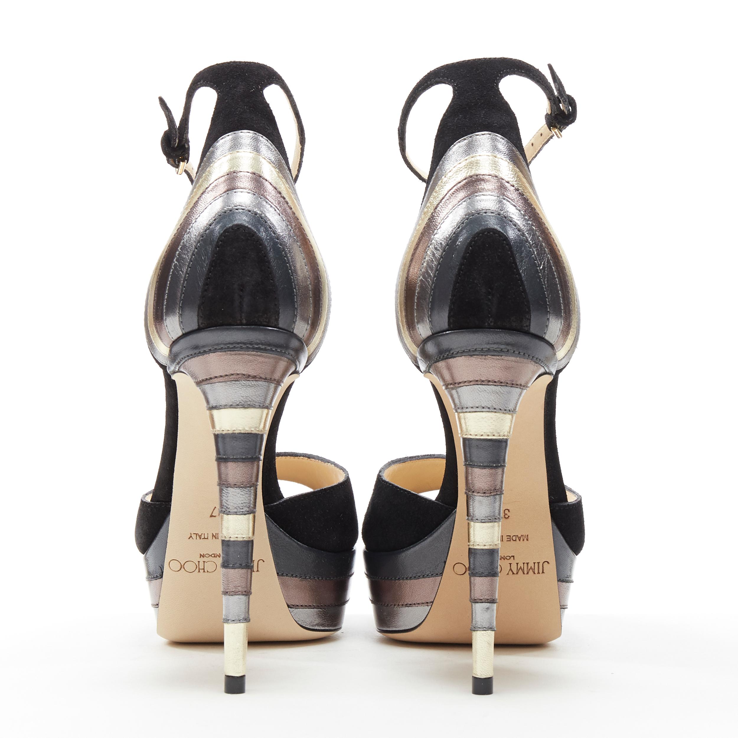 Donna nuovi sandali JIMMY CHOO Max 120 in pelle scamosciata nera con grafica argento a strati EU38