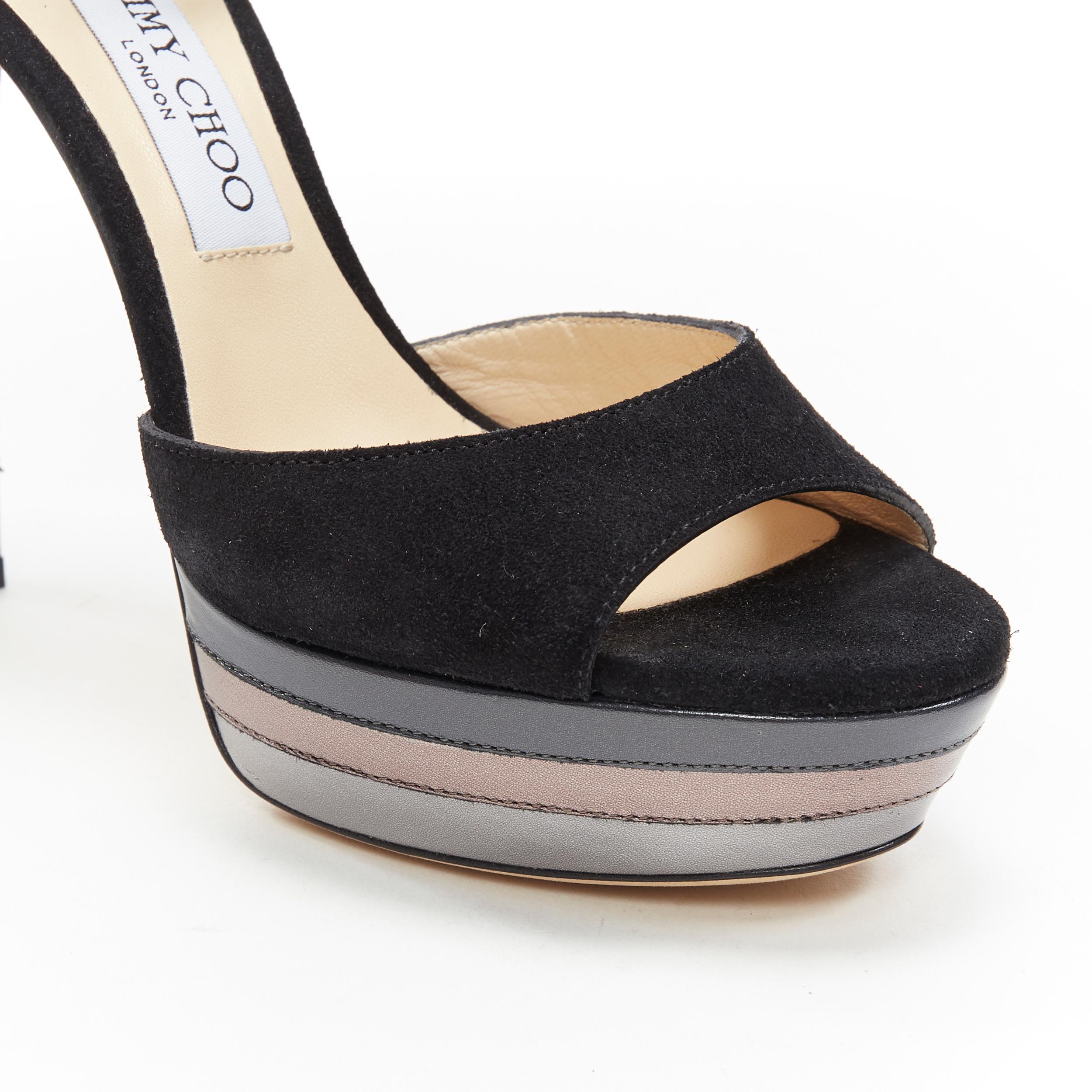 nuovi sandali JIMMY CHOO Max 120 in pelle scamosciata nera con grafica argento a strati EU38 2