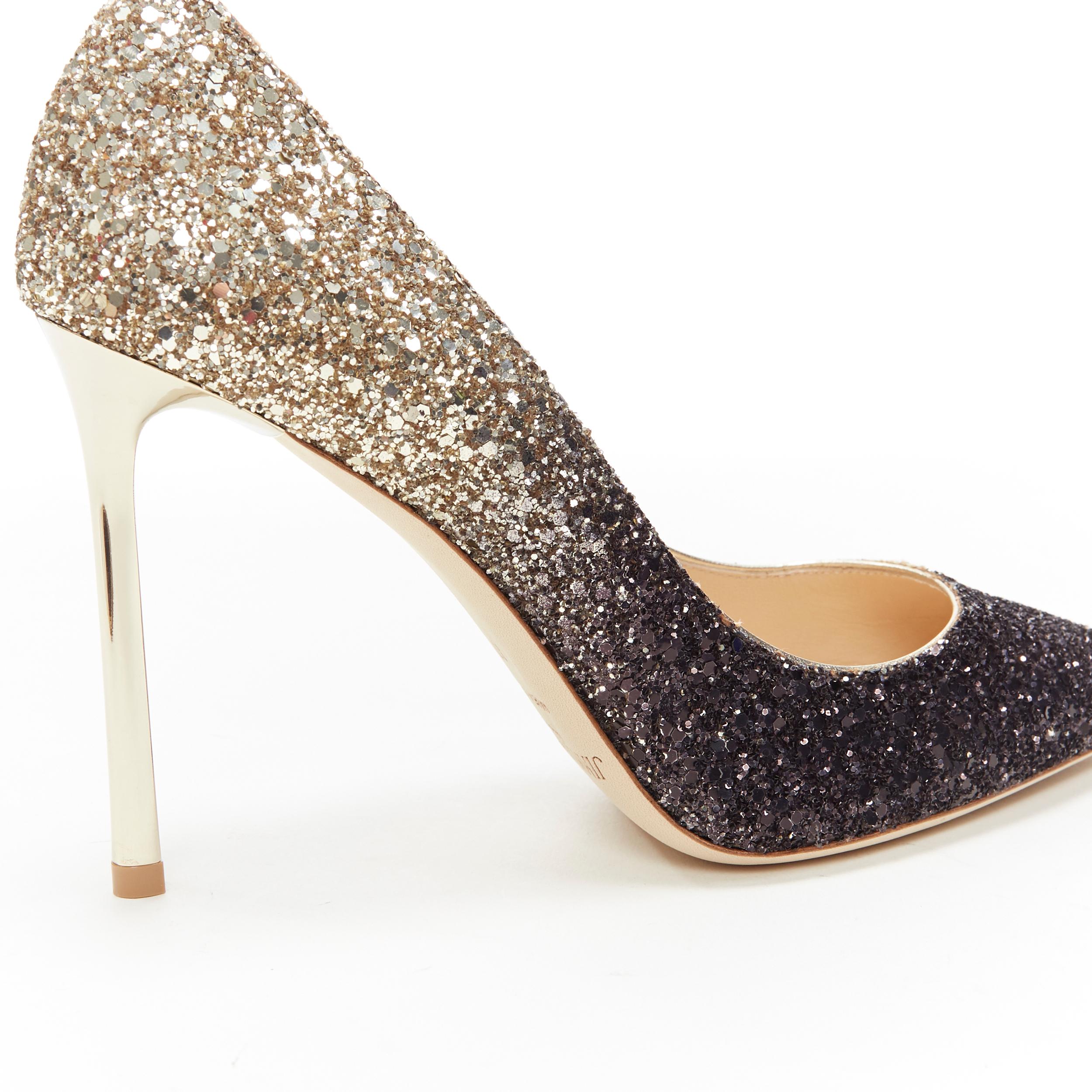 Women's new JIMMY CHOO Romy 100 black gold gradient course glitter point toe pump EU37.5
