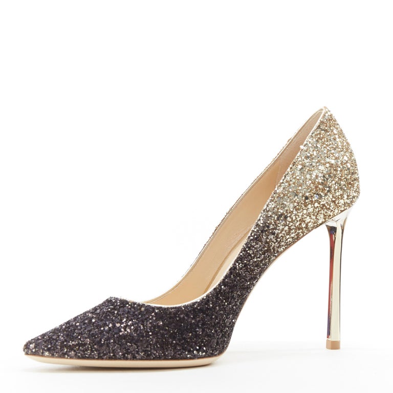 new JIMMY CHOO Romy 100 black gold gradient course glitter pointy toe ...