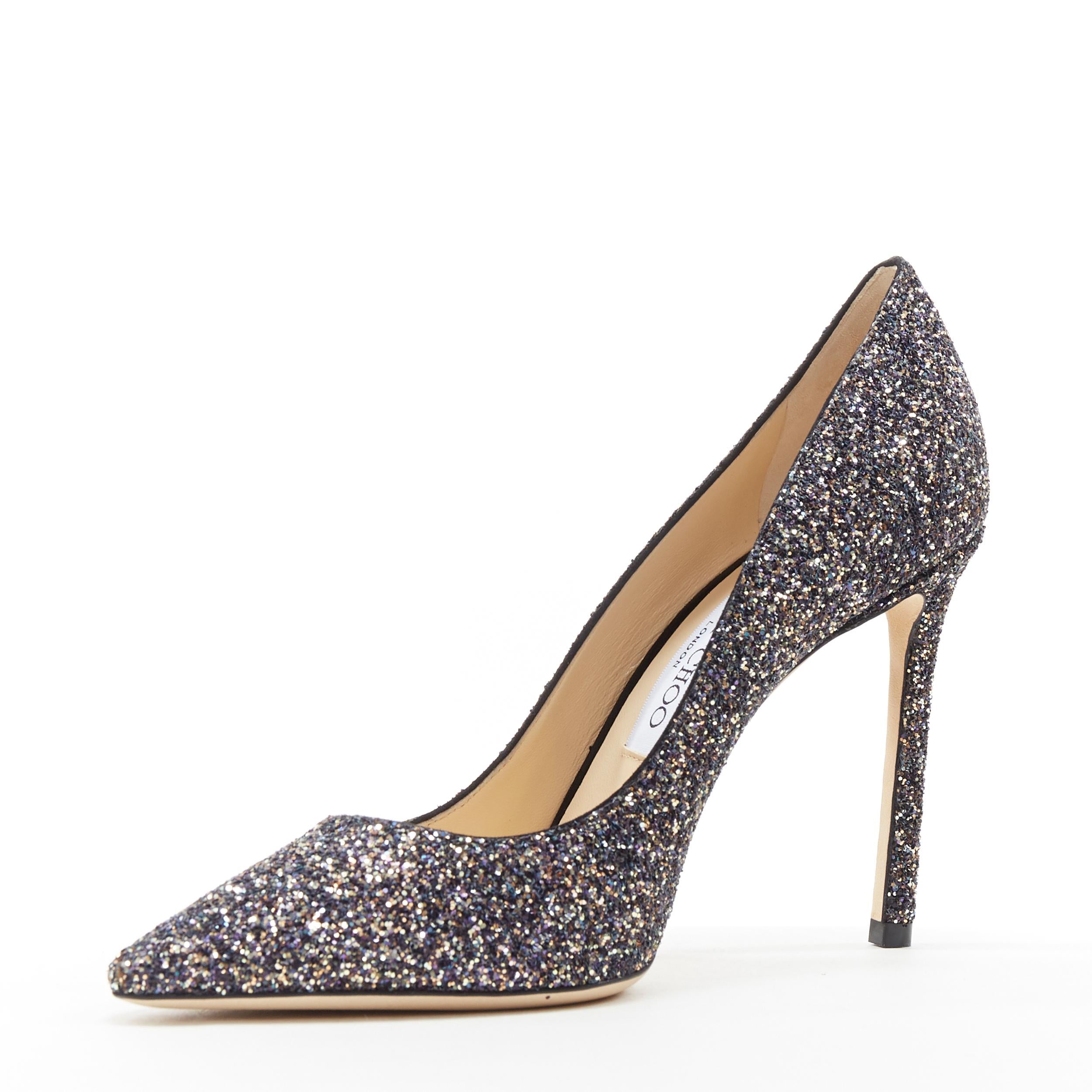 Gray new JIMMY CHOO Romy 100 Twiliight navy copper fine glitter pointy toe pump EU38