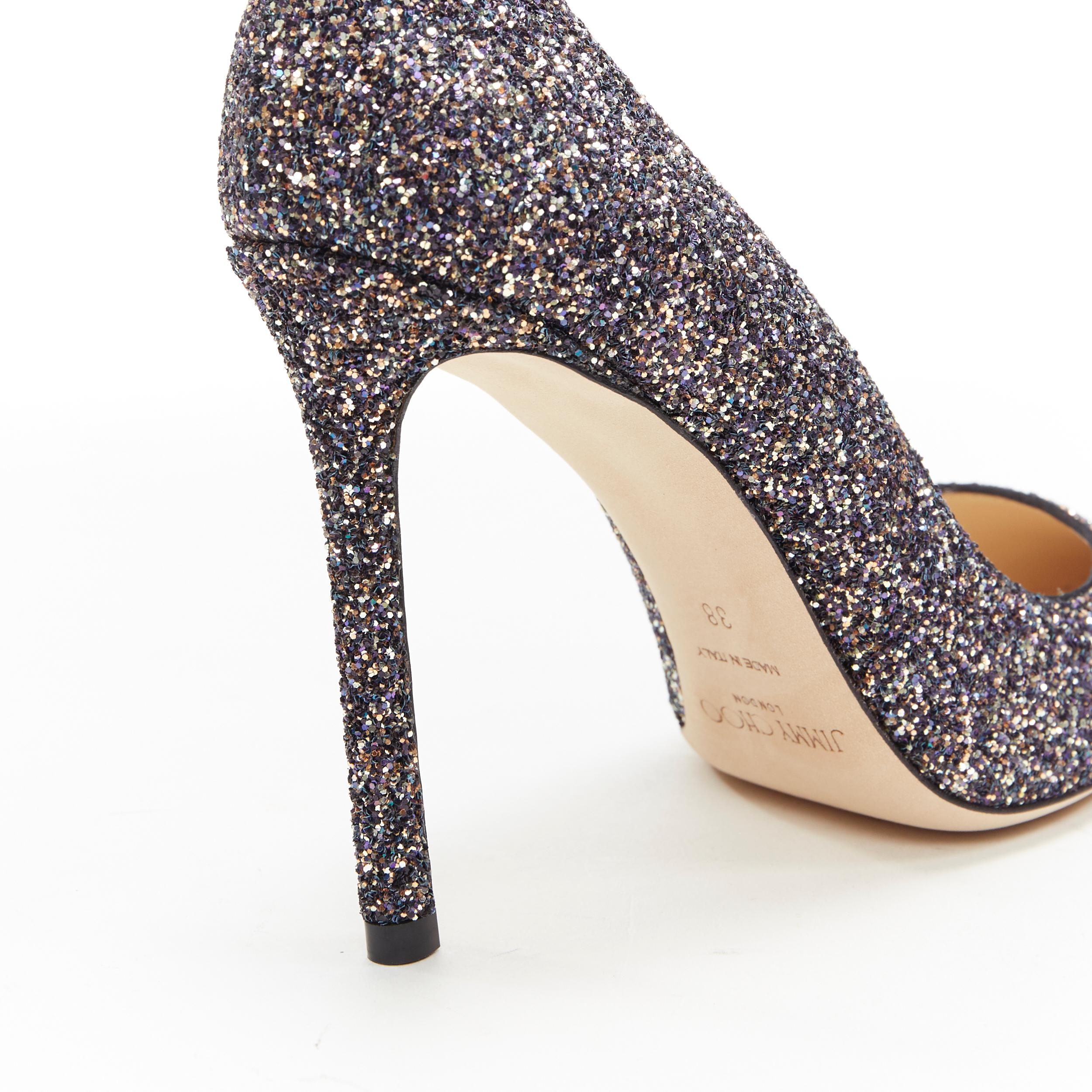 new JIMMY CHOO Romy 100 Twiliight navy copper fine glitter pointy toe pump EU38 3